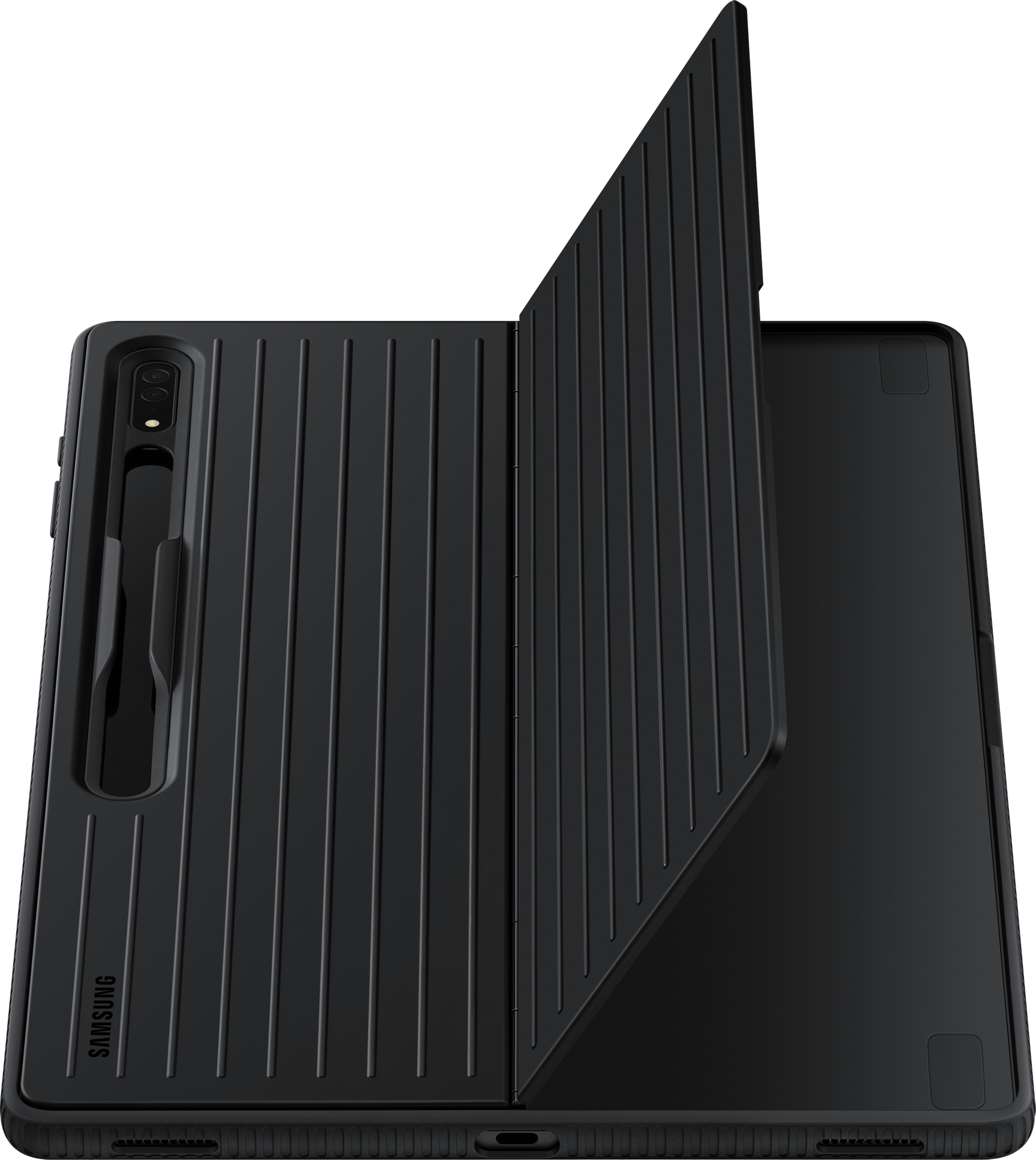 Housse de tablette noire ouverte montrant une tablette avec un porte-stylo.