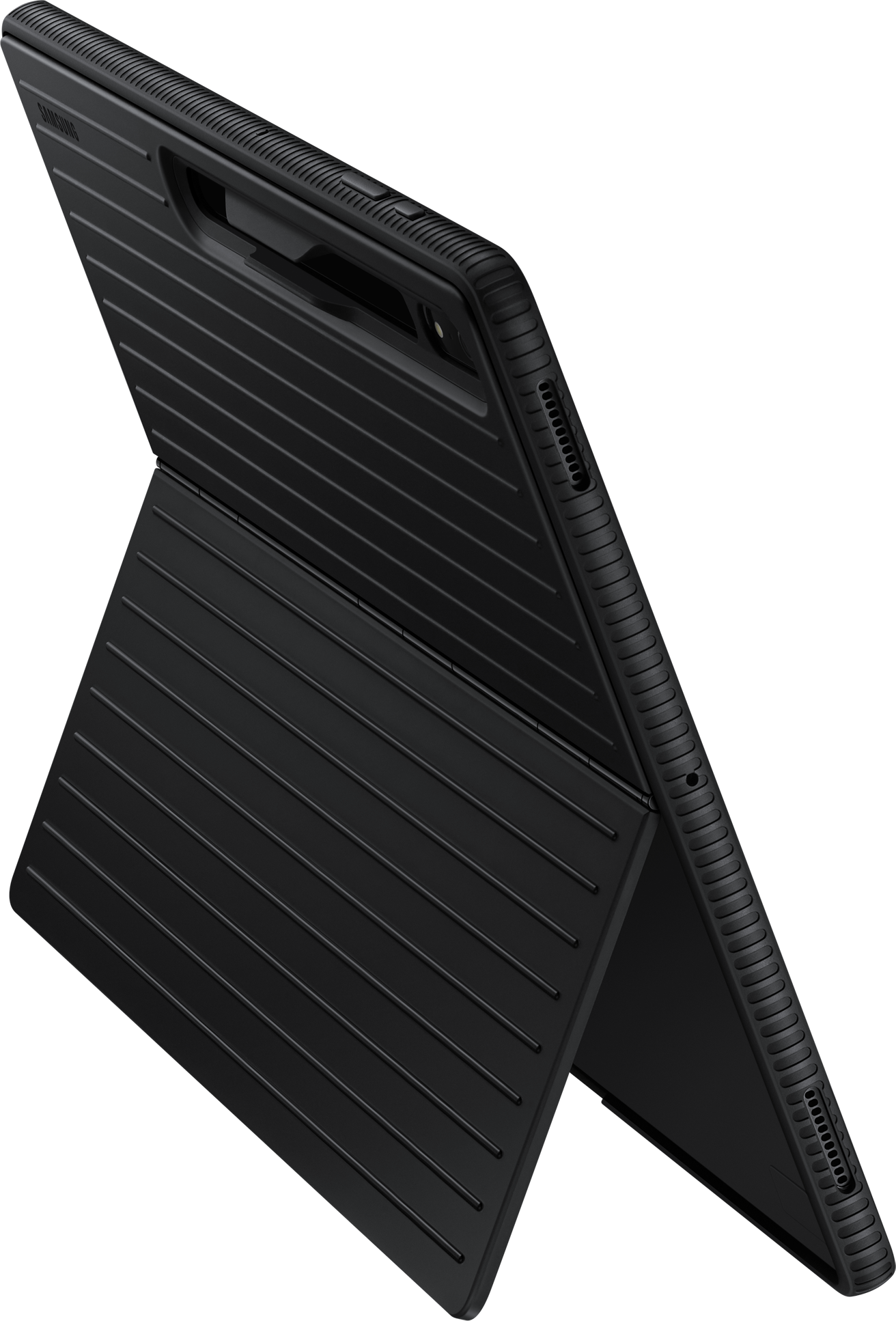 Étui de tablette noir, design nervuré, ouvert. Vue en angle, fond noir.