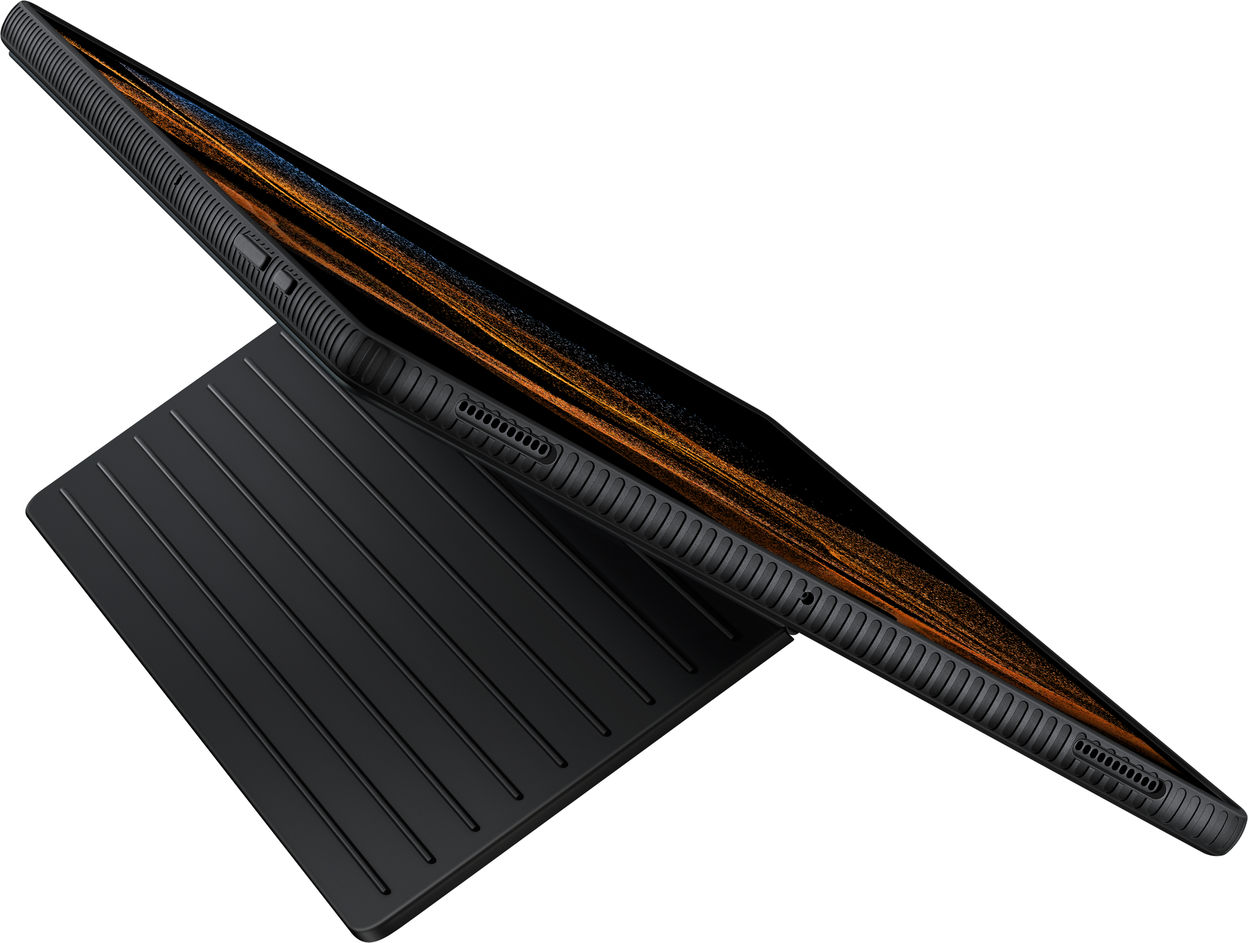 Tablette noire avec housse attachée. La tablette est inclinée, montrant l'écran et la housse.