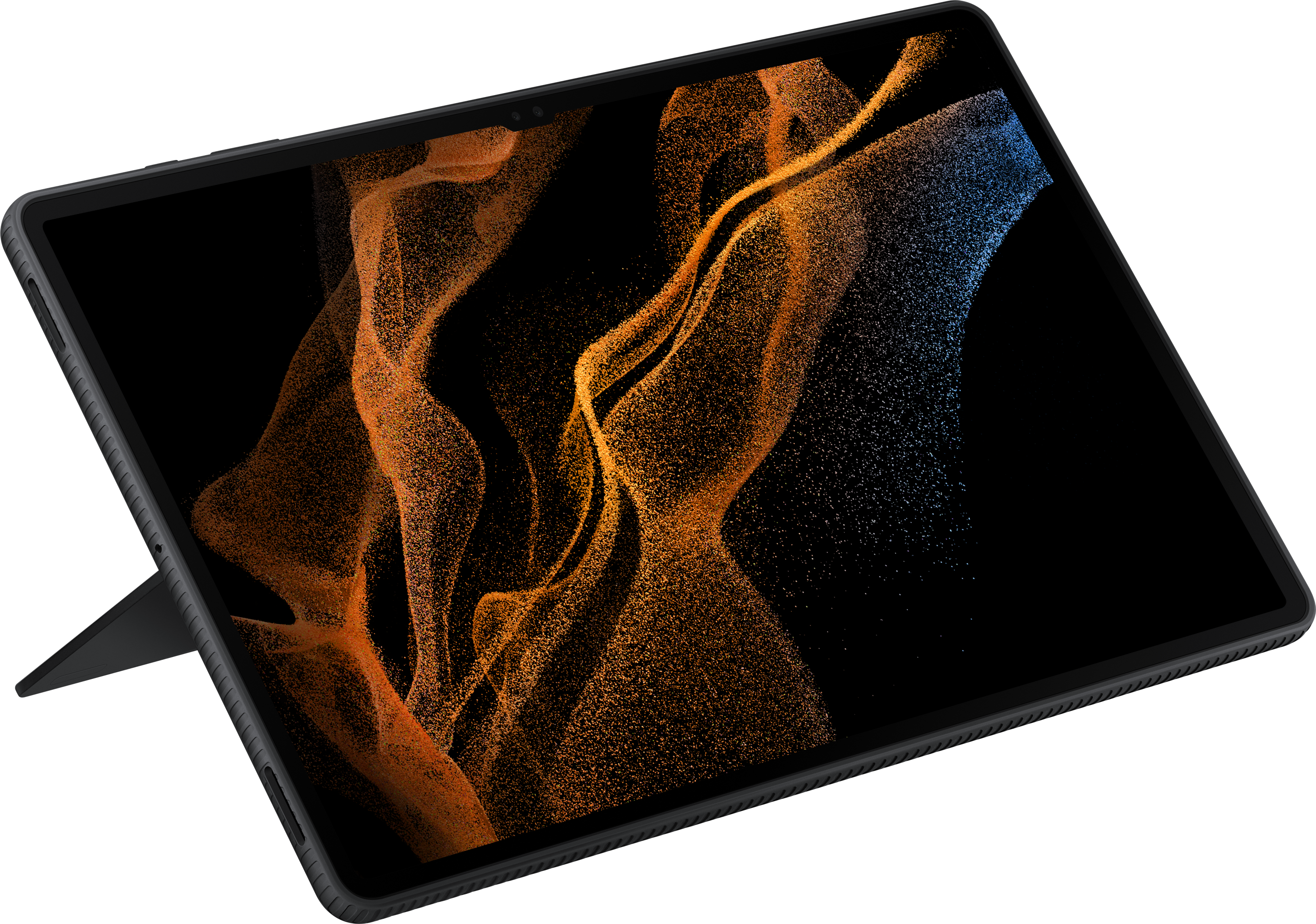 Tablette avec écran affichant des particules abstraites oranges et bleues, sur fond noir.