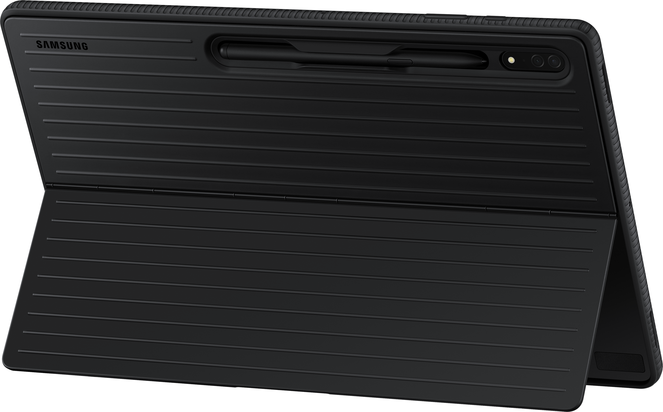 Étui de tablette noir, ouvert, avec un stylo et une caméra visibles. Texture nervurée.
