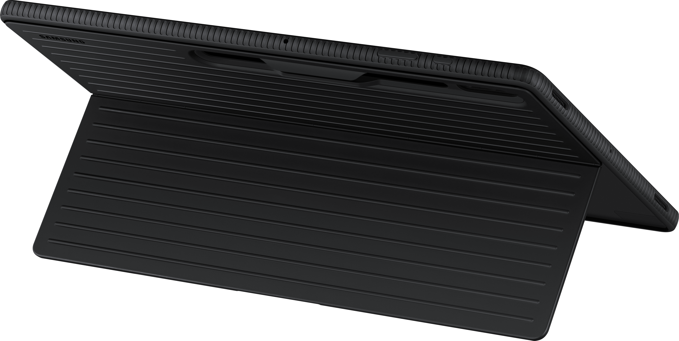 Un étui de tablette noir avec une texture striée, partiellement ouvert, sur fond noir.
