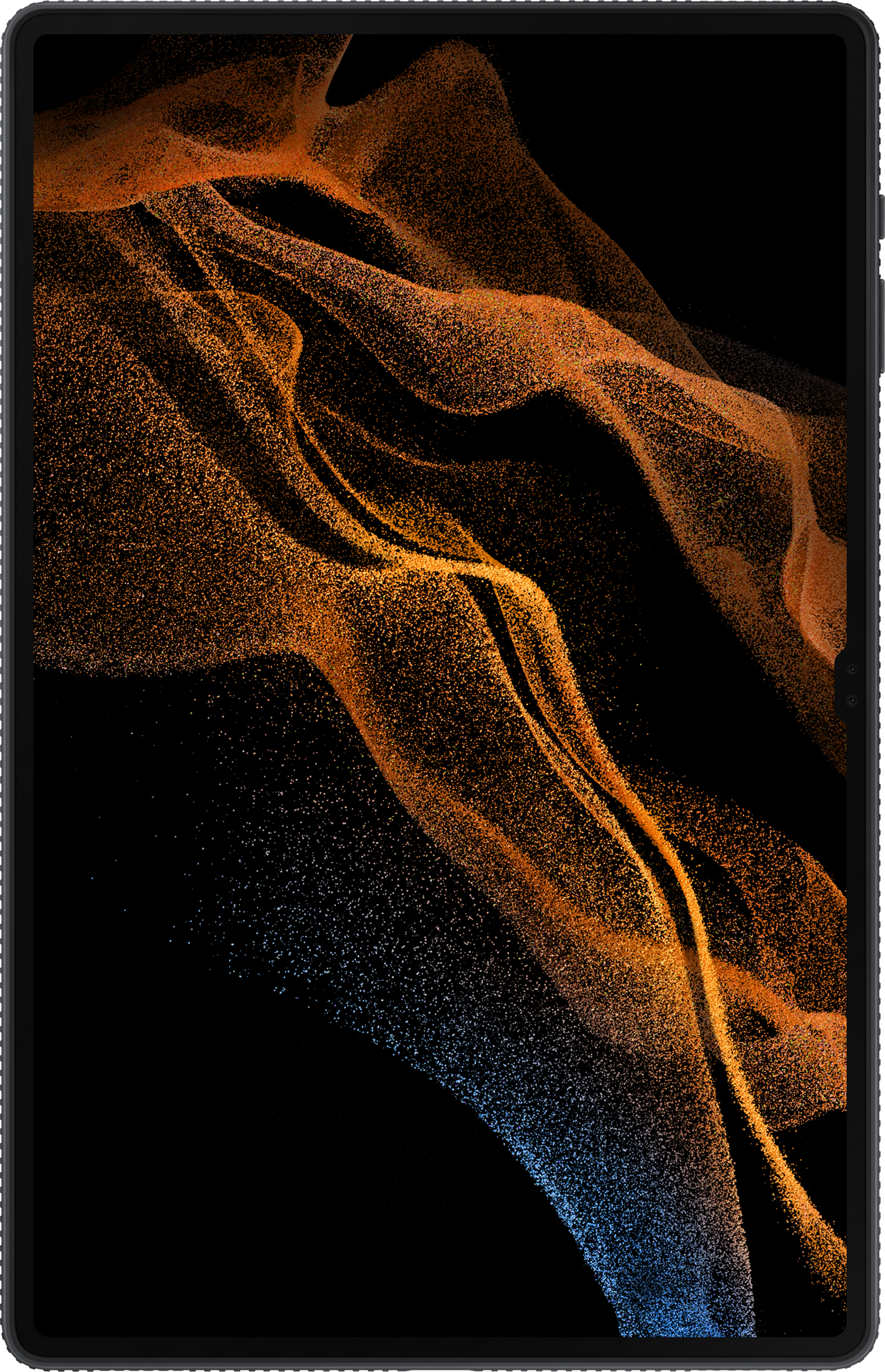 Tablette noire avec un écran affichant des formes abstraites orange et bleues. L'écran est éteint.