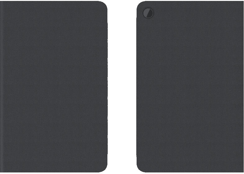 Two dark grey tablet covers, one open, one closed. The open one has a small black dot.