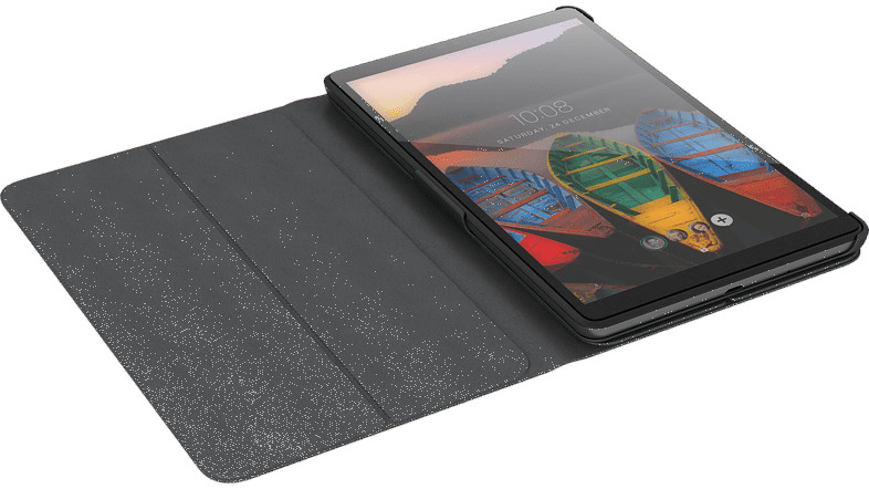 A tablet with a case, open on a surface, showing an image of boats on water.