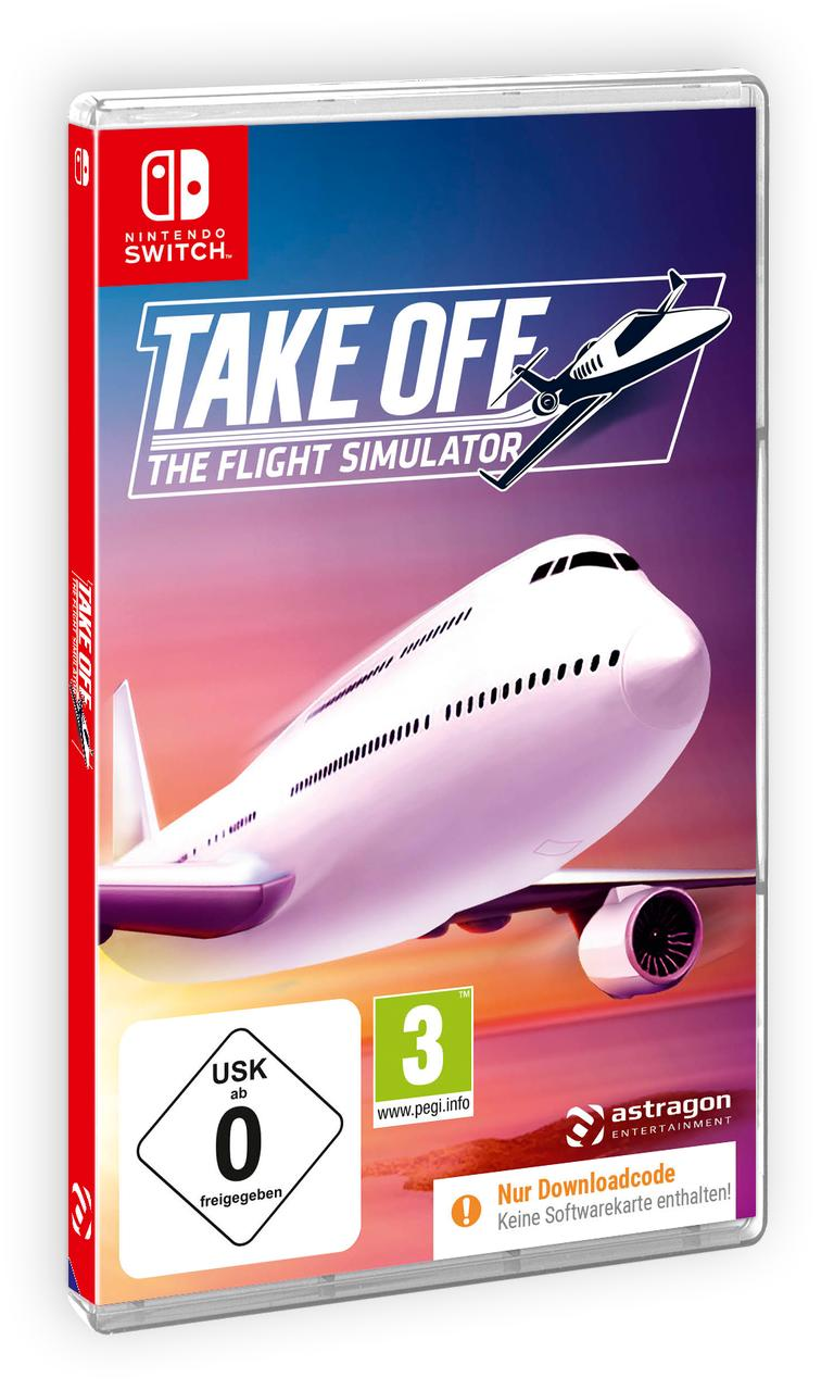 Videospiel-Box-Art für 'Take Off: The Flight Simulator' mit einer Flugzeugillustration.