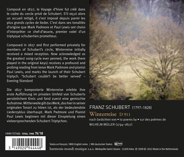 Rückseite einer CD mit Text in mehreren Sprachen und einem Baum-Bild. Franz Schuberts Winterreise.