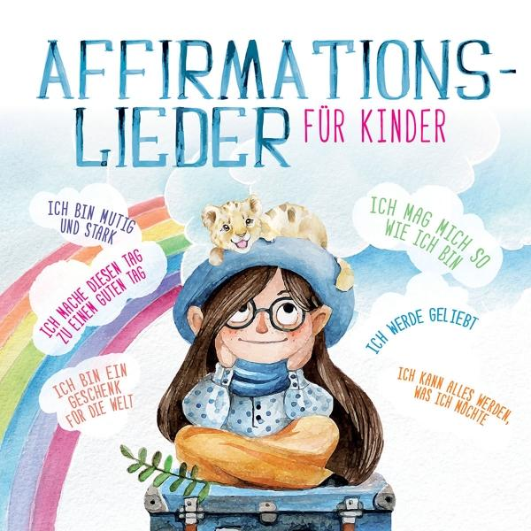 Buntes Buchcover mit Mädchen, Löwenjungem und Affirmationsblasen.