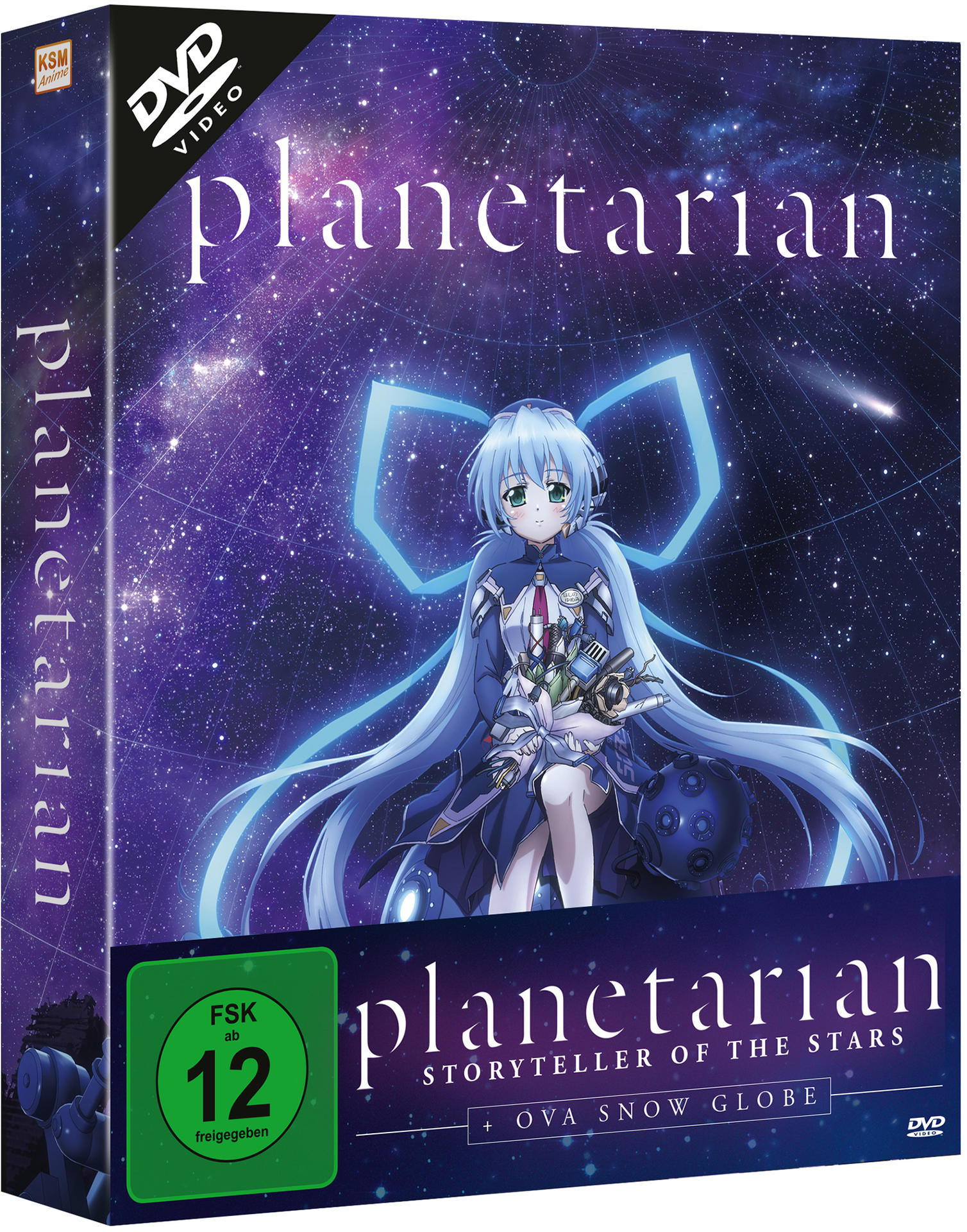 DVD-Box mit Anime-Kunst, Titel Planetanian und Text. Sternenhintergrund.
