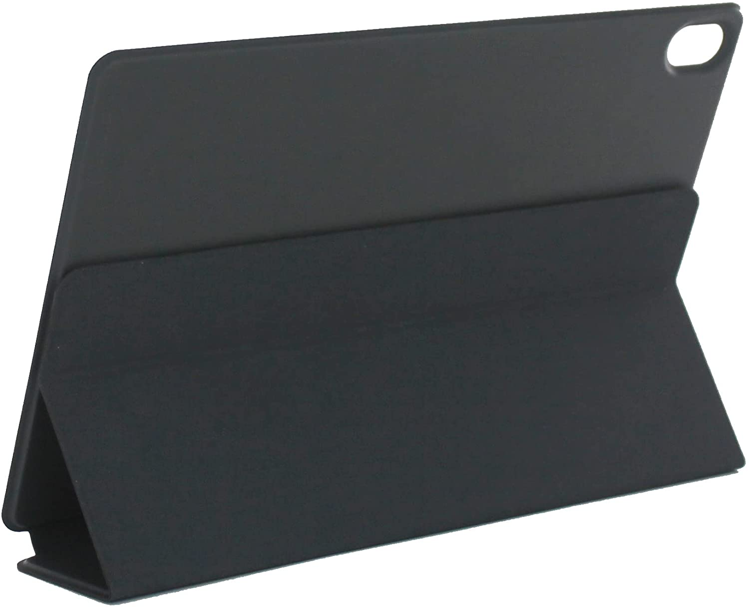 Zwarte tablethoes opgevouwen. Toont de achterkant met de tablet erin.