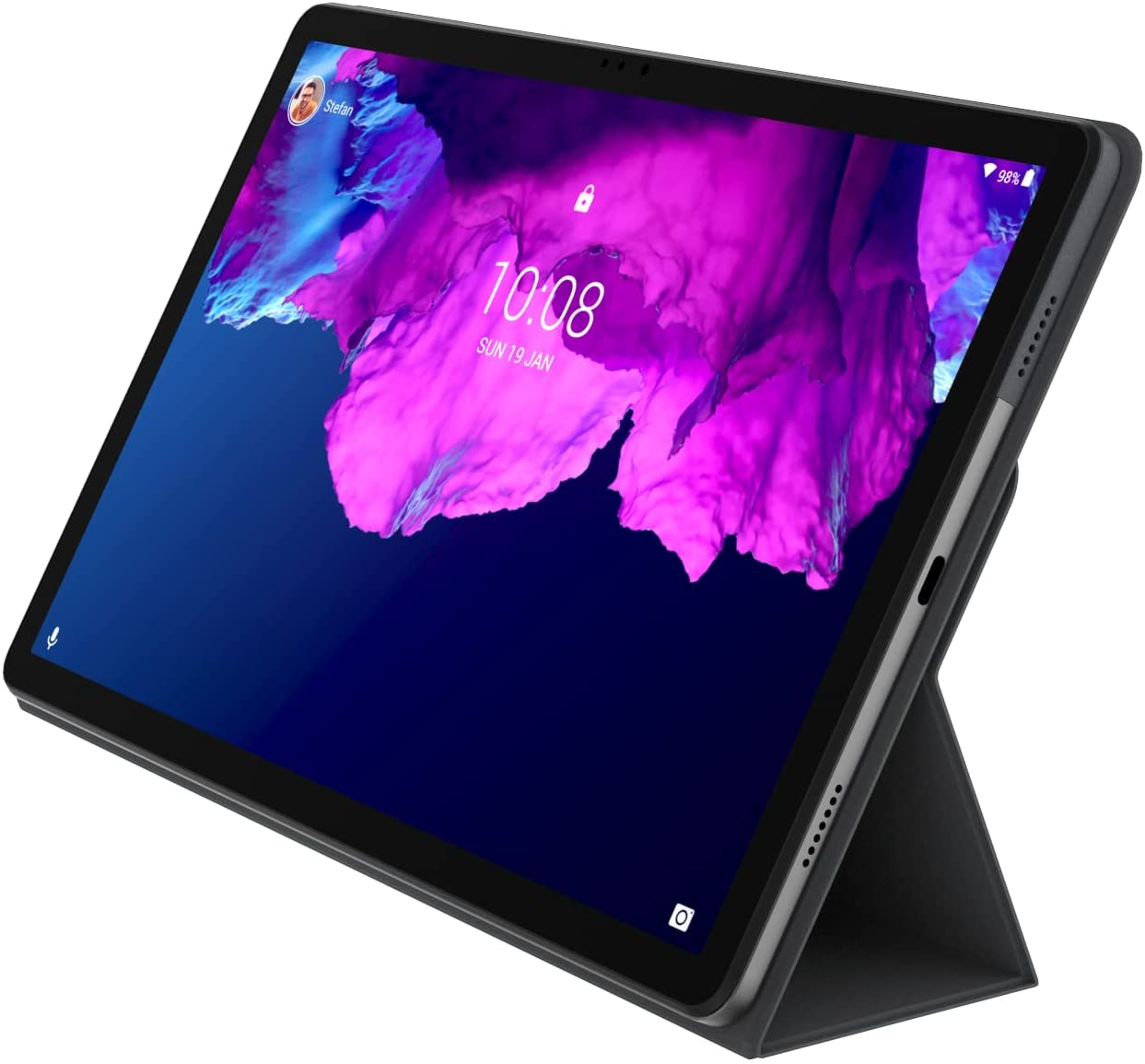 Zwarte tablet met paars scherm, op een standaard. Het is schuin en open.