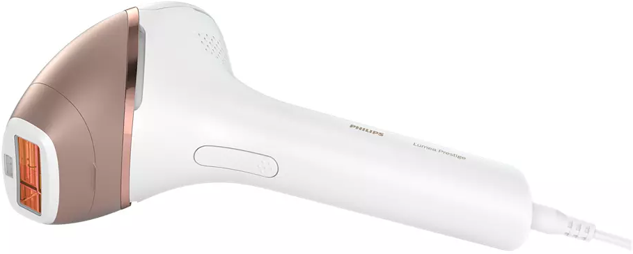 Philips Lumea Prestige blanc. C'est un appareil d'épilation avec une tête bronze.