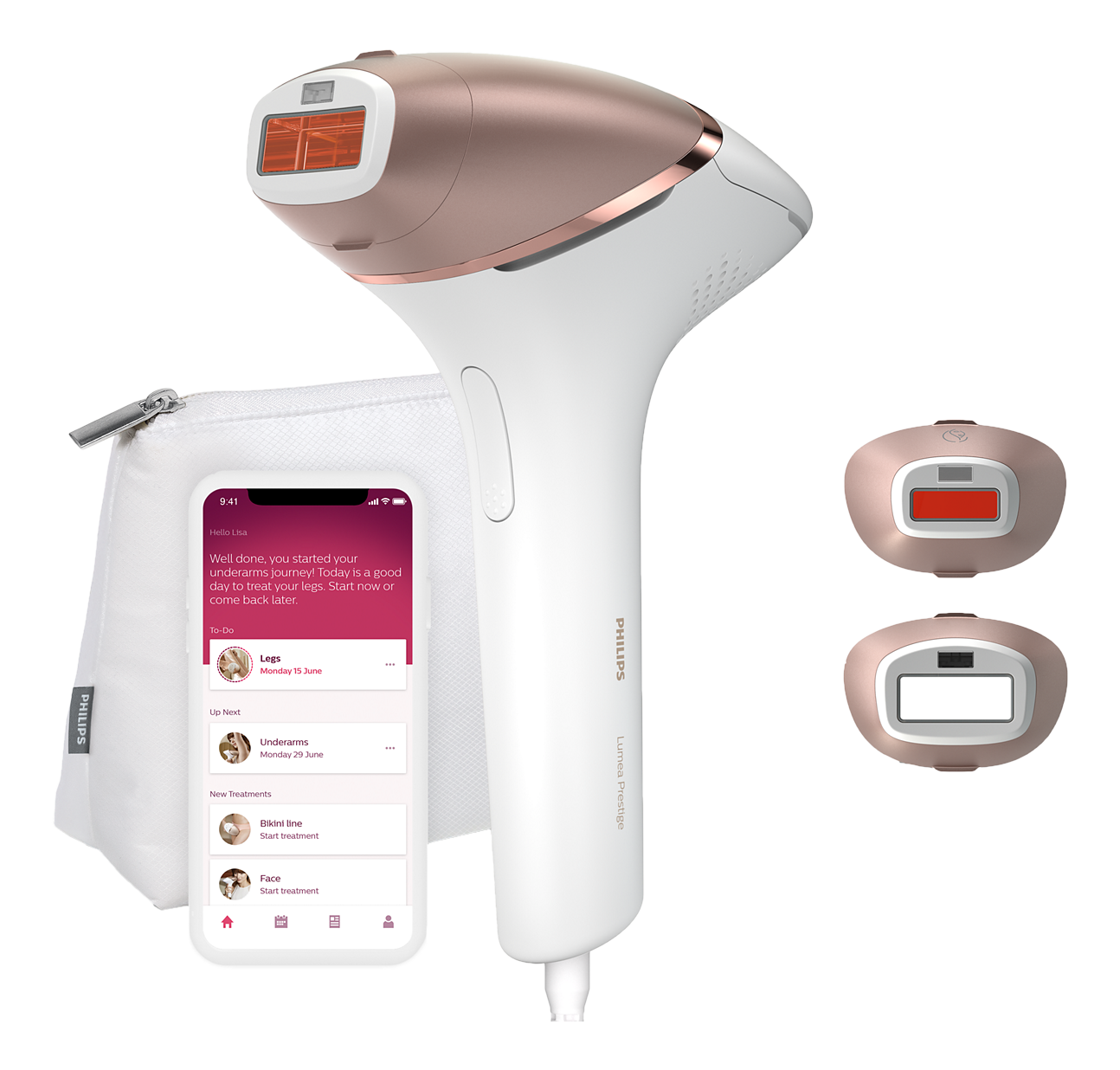 Appareil d'épilation Philips Lumea Prestige, blanc et or rose, avec accessoires et écran de téléphone.