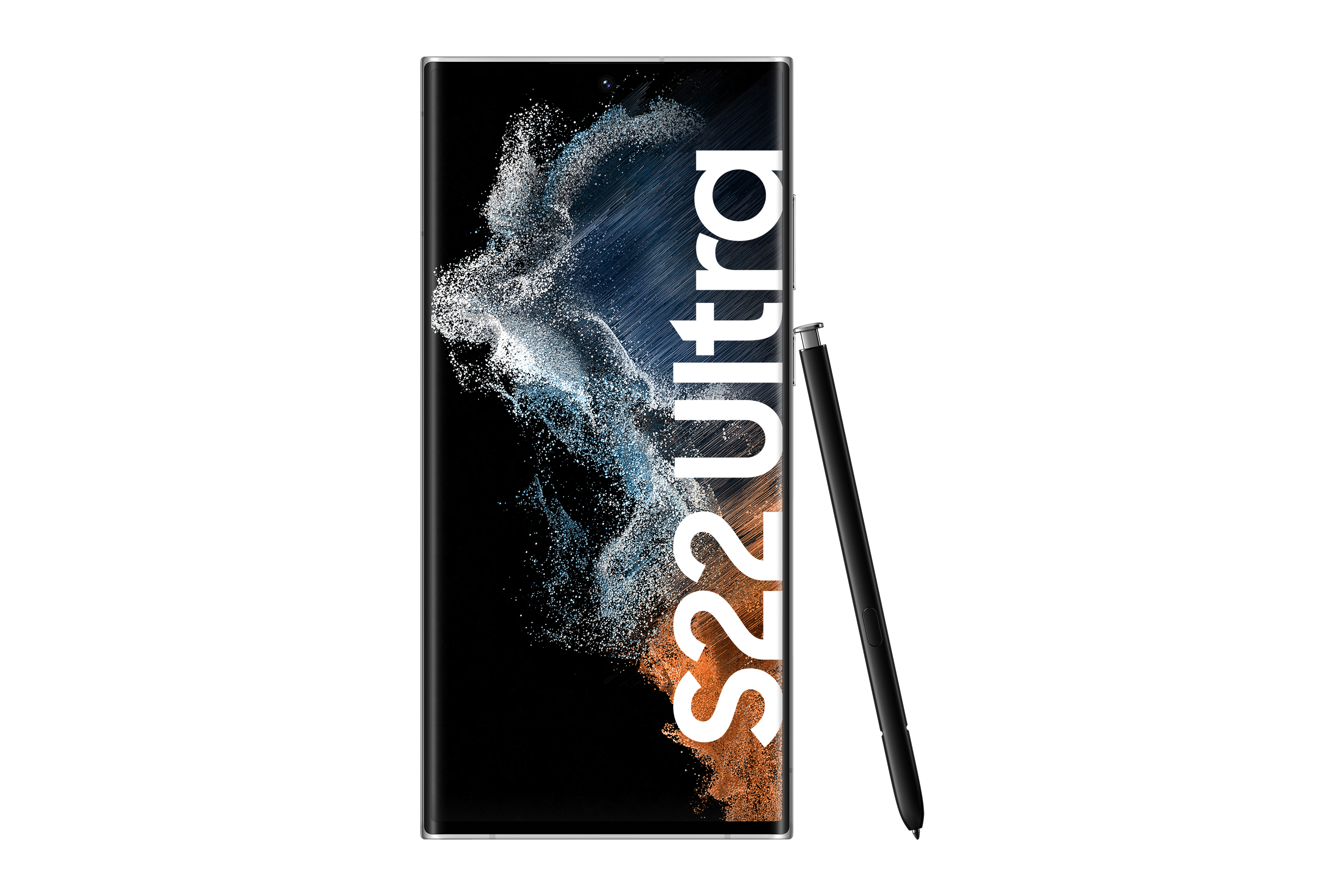 Samsung S22 Ultra Smartphone mit S Pen auf weißem Hintergrund.