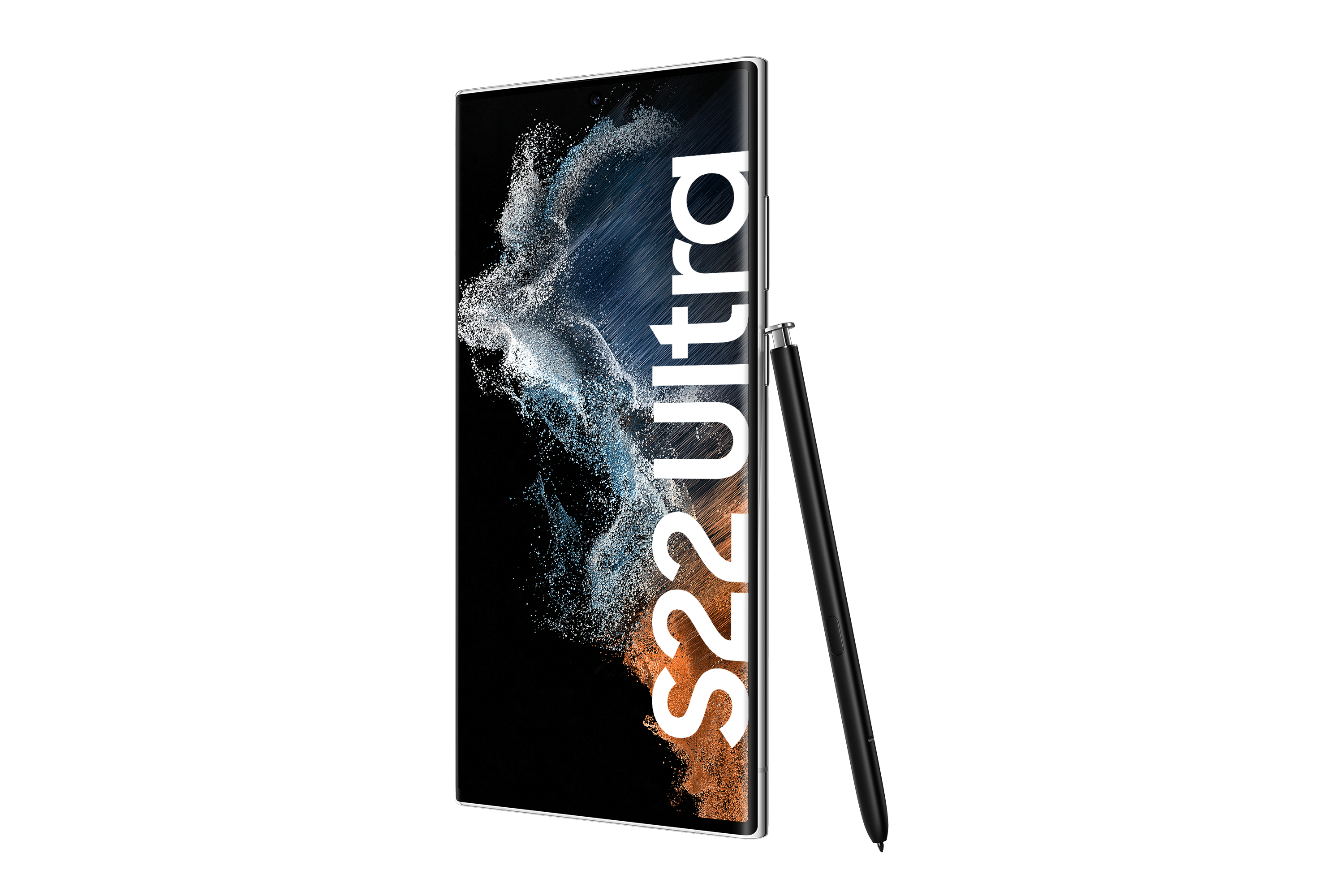 Ein schwarzes Samsung S22 Ultra-Telefon mit dem Text „S22 Ultra“ auf dem Display und Stift.