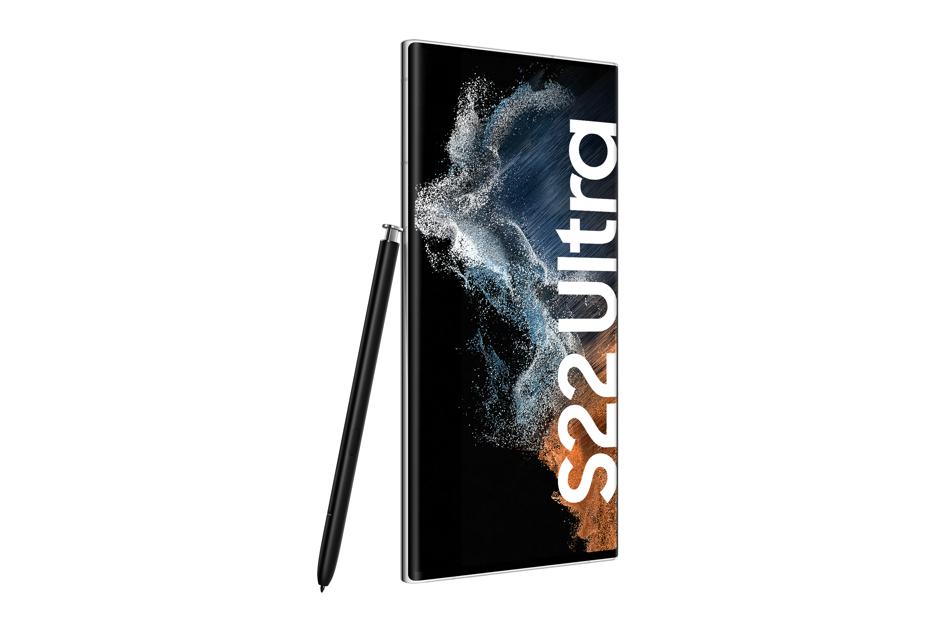 Schwarzes Samsung S22 Ultra Telefon mit einem Stift. Das Telefon hat einen weißen Hintergrund.