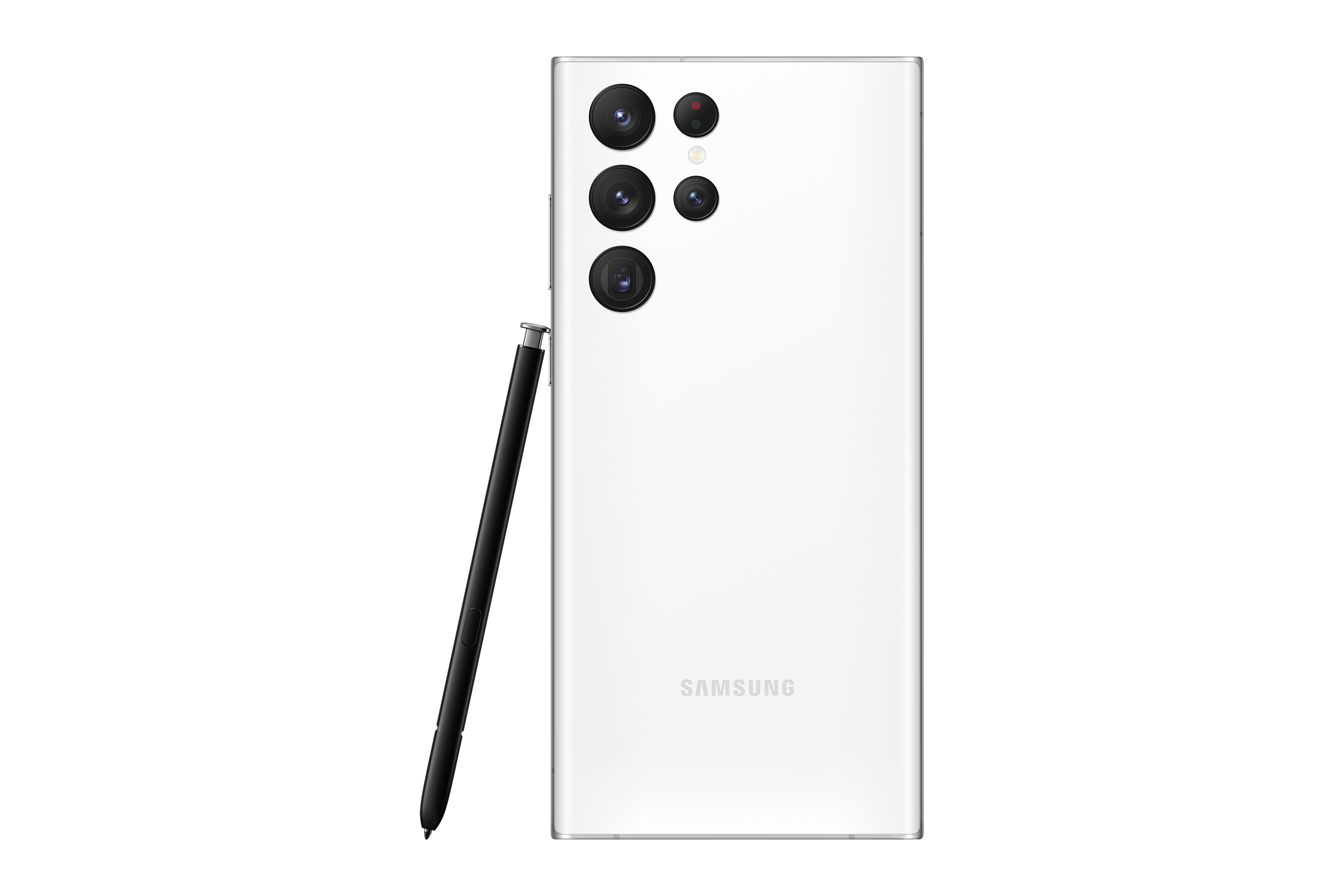 Weiße Smartphone-Rückseite mit mehreren Kameras und einem Stift, auf weißem Hintergrund. SAMSUNG-Logo unten.
