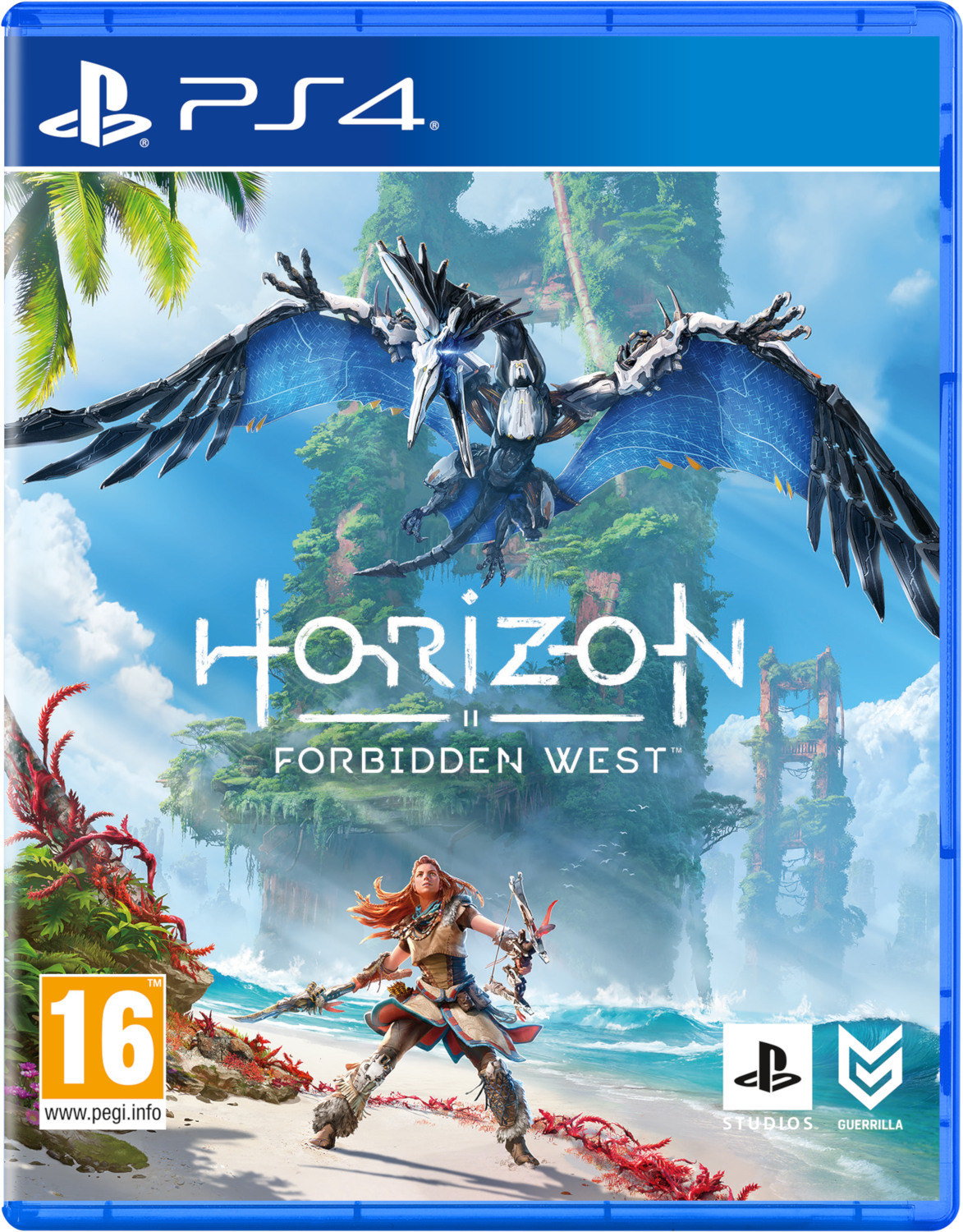 Een PS4-gamebox voor Horizon Forbidden West, met een vrouw die een boog vasthoudt en een wezen.