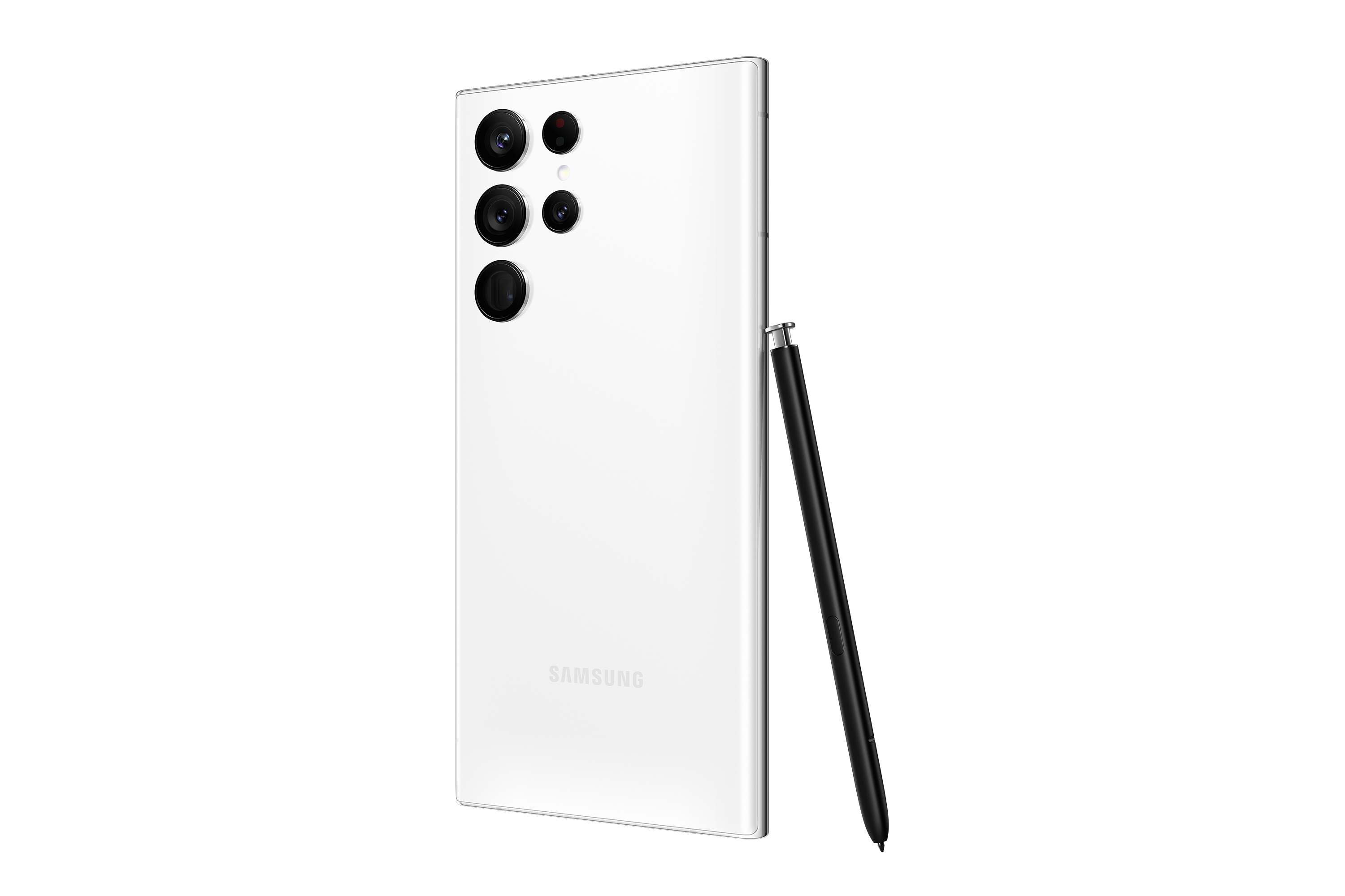 Weißes Samsung Galaxy S22 Ultra Telefon mit mehreren Rückkameras und schwarzem Stift.