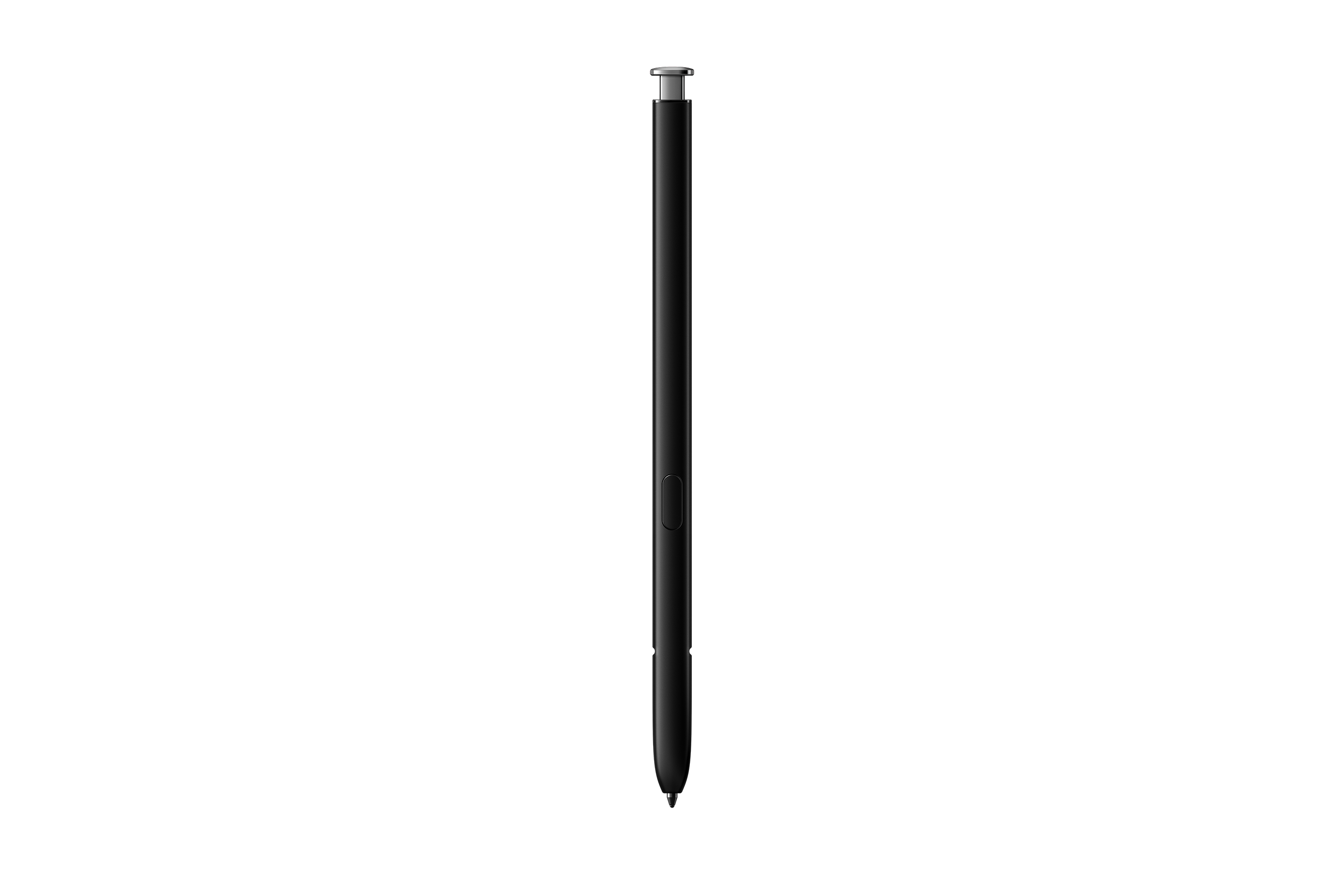 Schwarzer Stift. Silberne Spitze und Knopf. Vertikal, isoliert auf weißem Hintergrund.