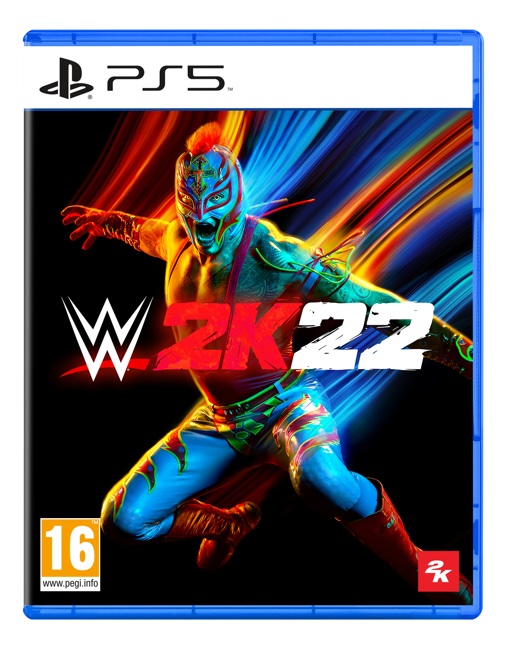 PS5 WWE 2K22-Spielbox. Auf dem Cover ist ein Wrestler in einem bunten Outfit.