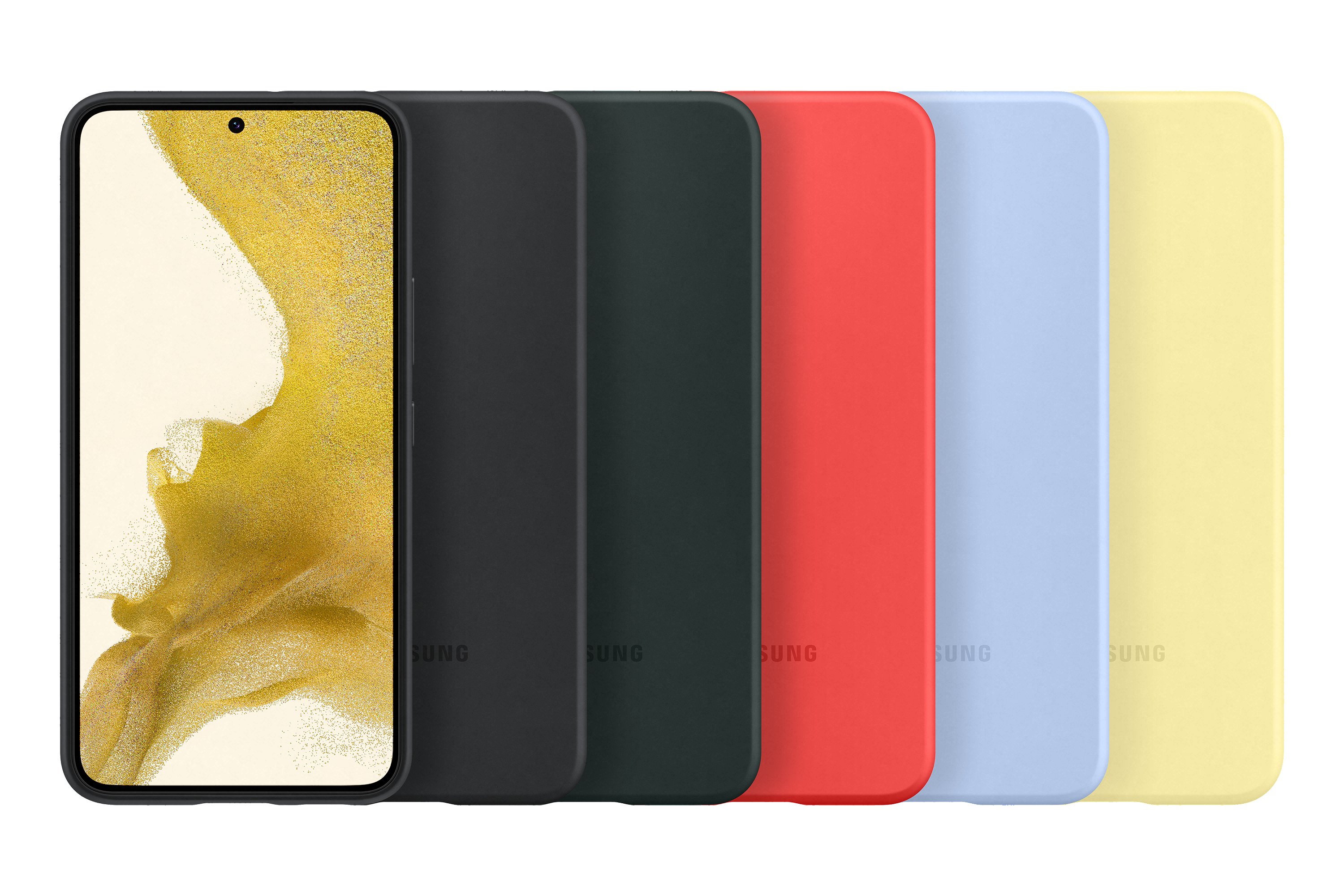 Smartphone und fünf farbige Hüllen, schwarz, grün, rot, blau, gelb.