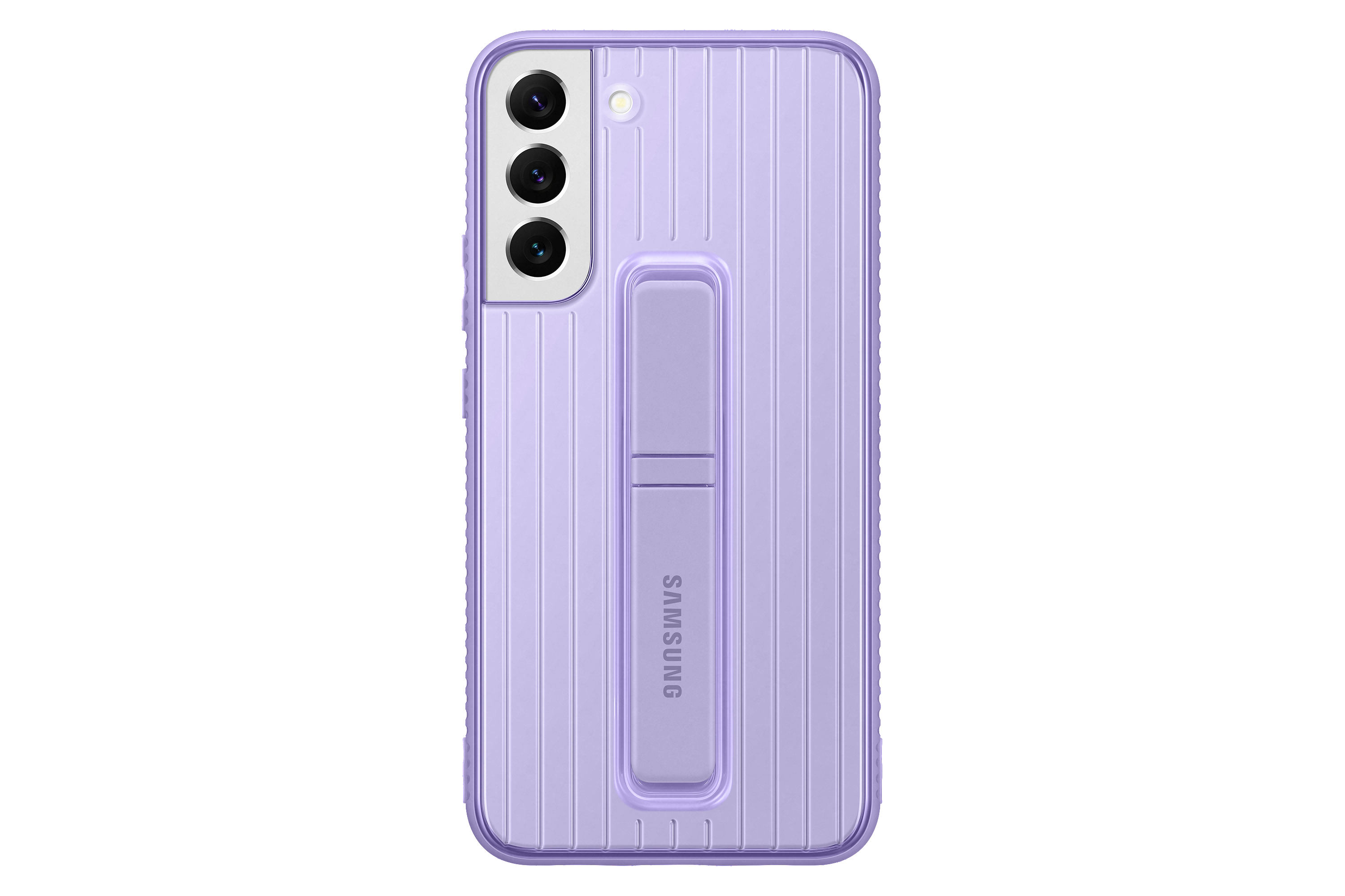 Eine lila Handyhülle mit vertikalen Linien und einem Ständer. Das Samsung-Logo ist sichtbar.