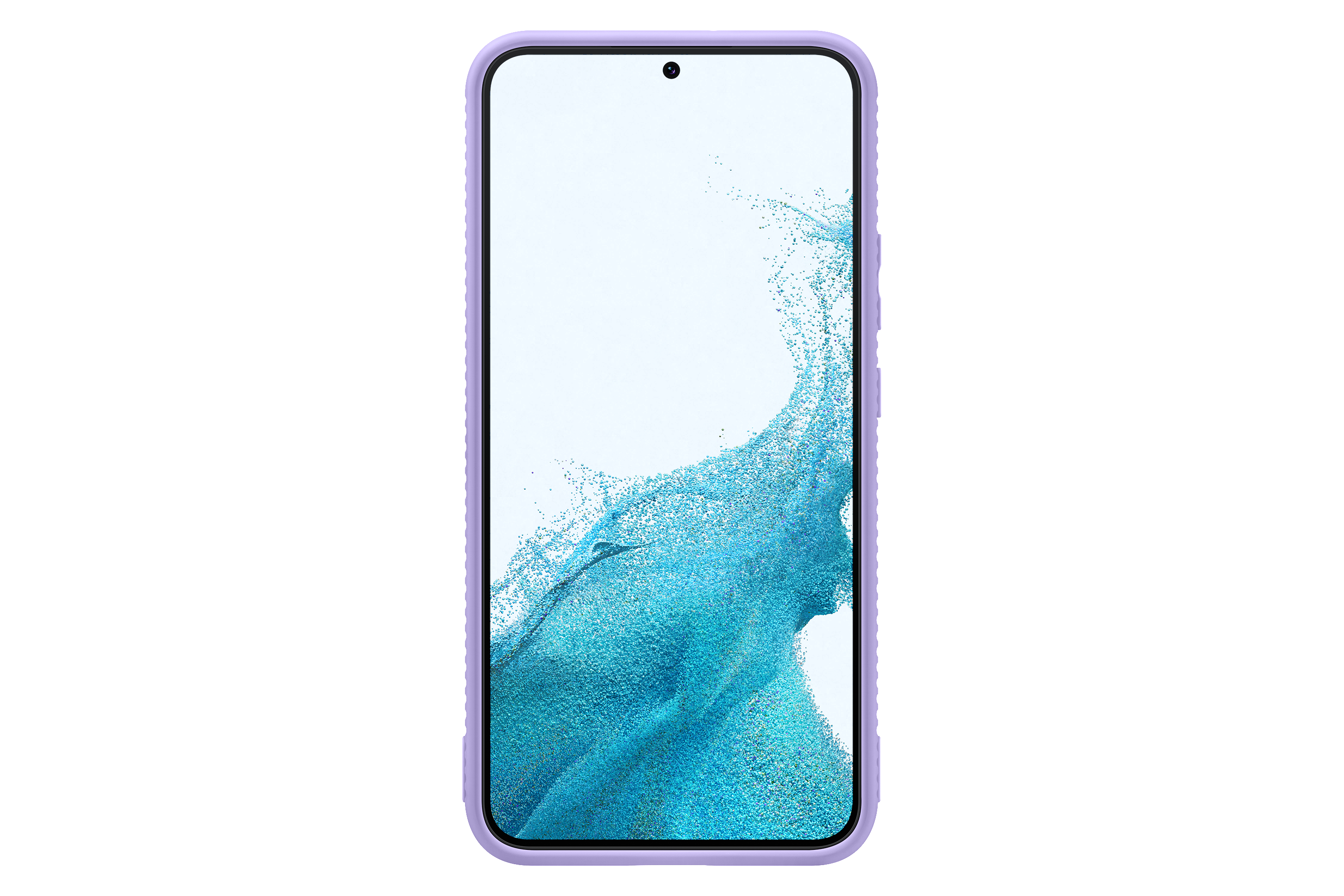 Ein lila Telefon in einer lila Hülle. Der Bildschirm zeigt ein blaues und weißes Design.