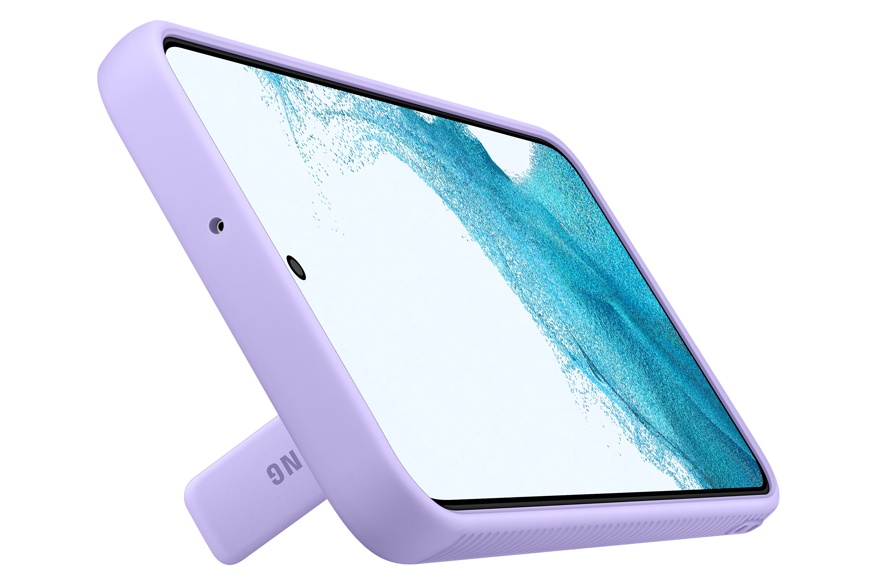 Lilafarbene Handyhülle angewinkelt. Das Telefon befindet sich in der Hülle und der Ständer ist ausgefahren.