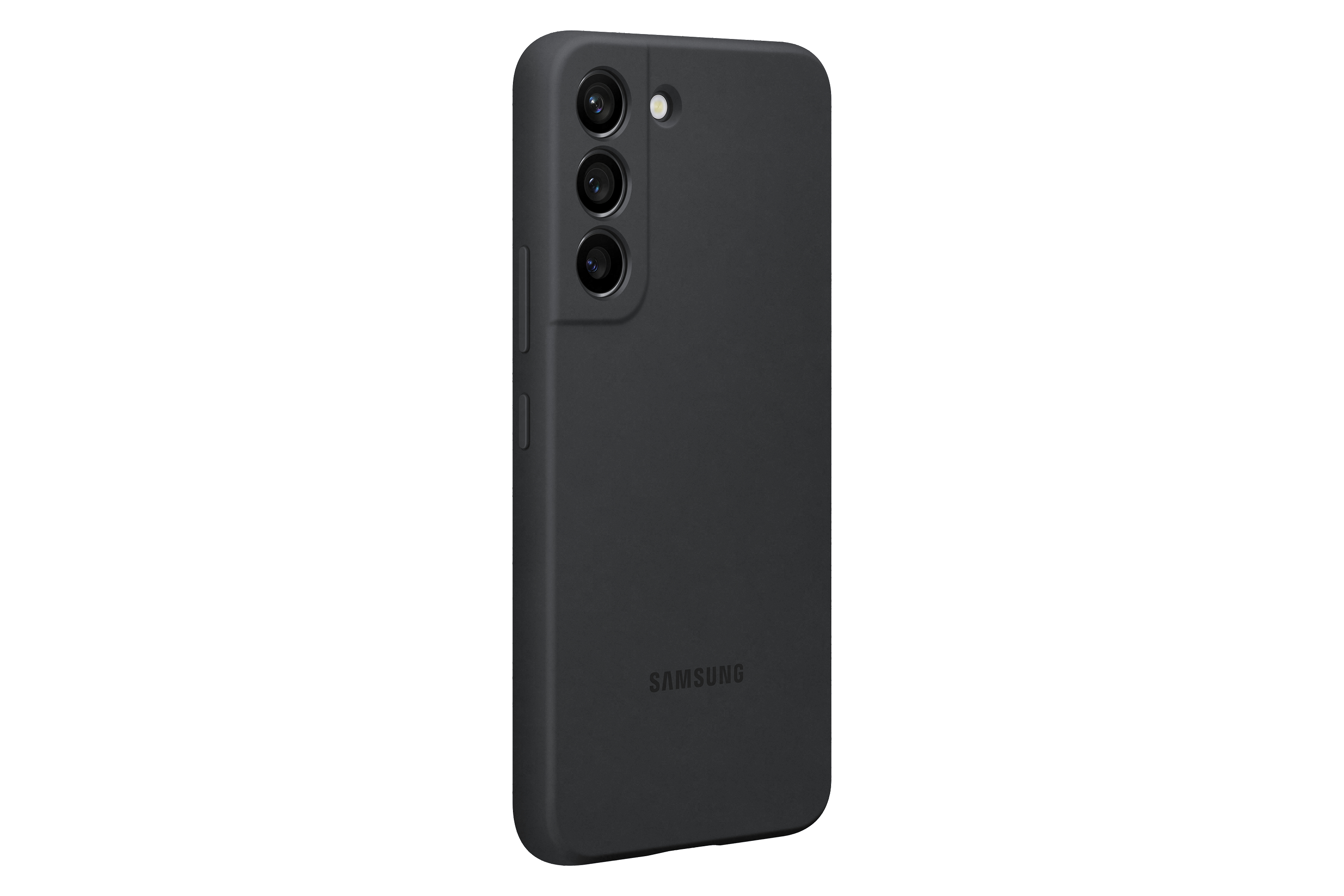 Eine schwarze Handyhülle mit drei Kameralinsen und dem Samsung-Logo.