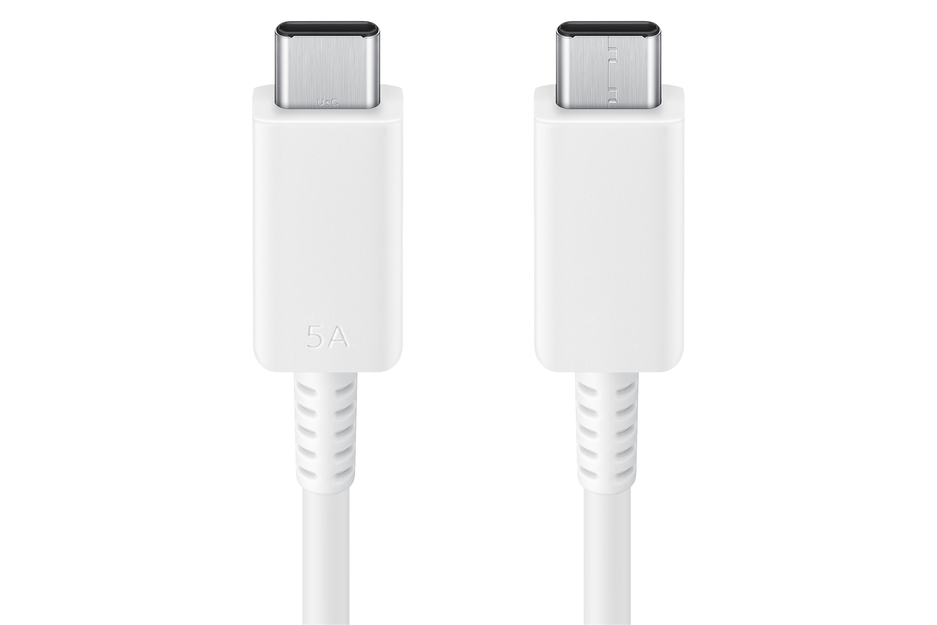 Zwei weiße USB-C-Kabel. Das Kabel hat einen weißen Körper mit einem USB-C-Anschluss an jedem Ende.