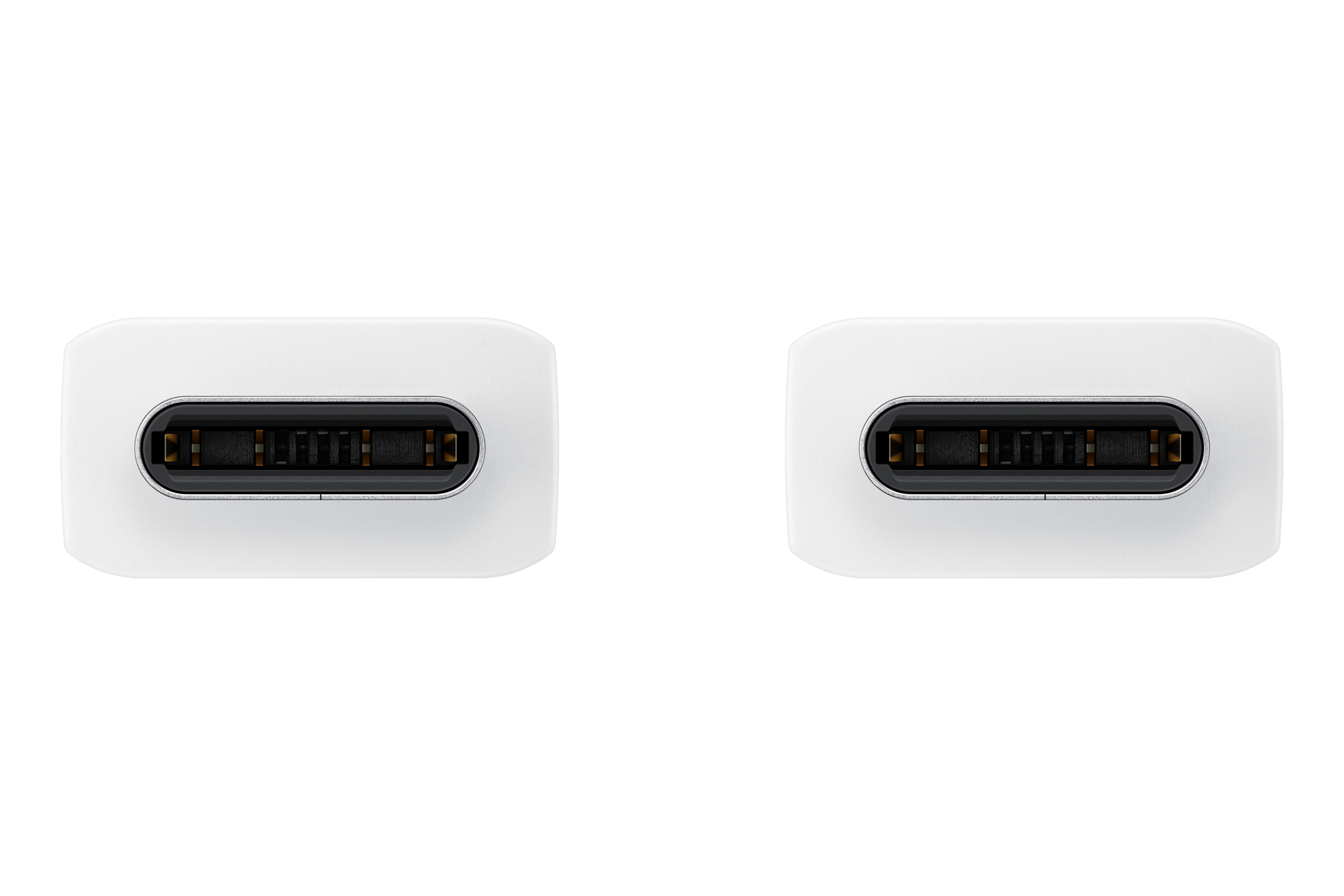 Zwei weiße USB-C-Anschlüsse auf weißem Grund.