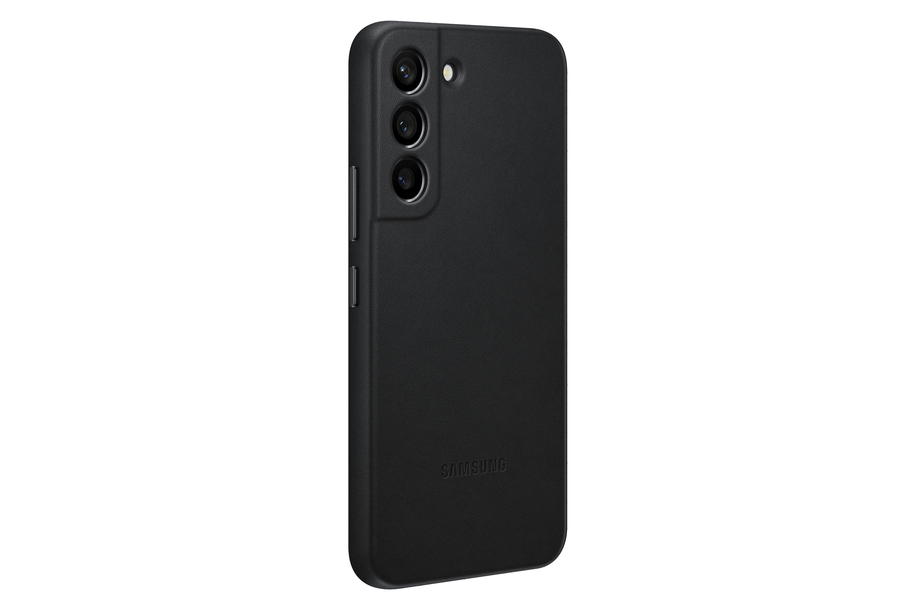 Eine schwarze Handyhülle mit sichtbarem Kameramodul auf der Rückseite und dem Samsung-Logo.