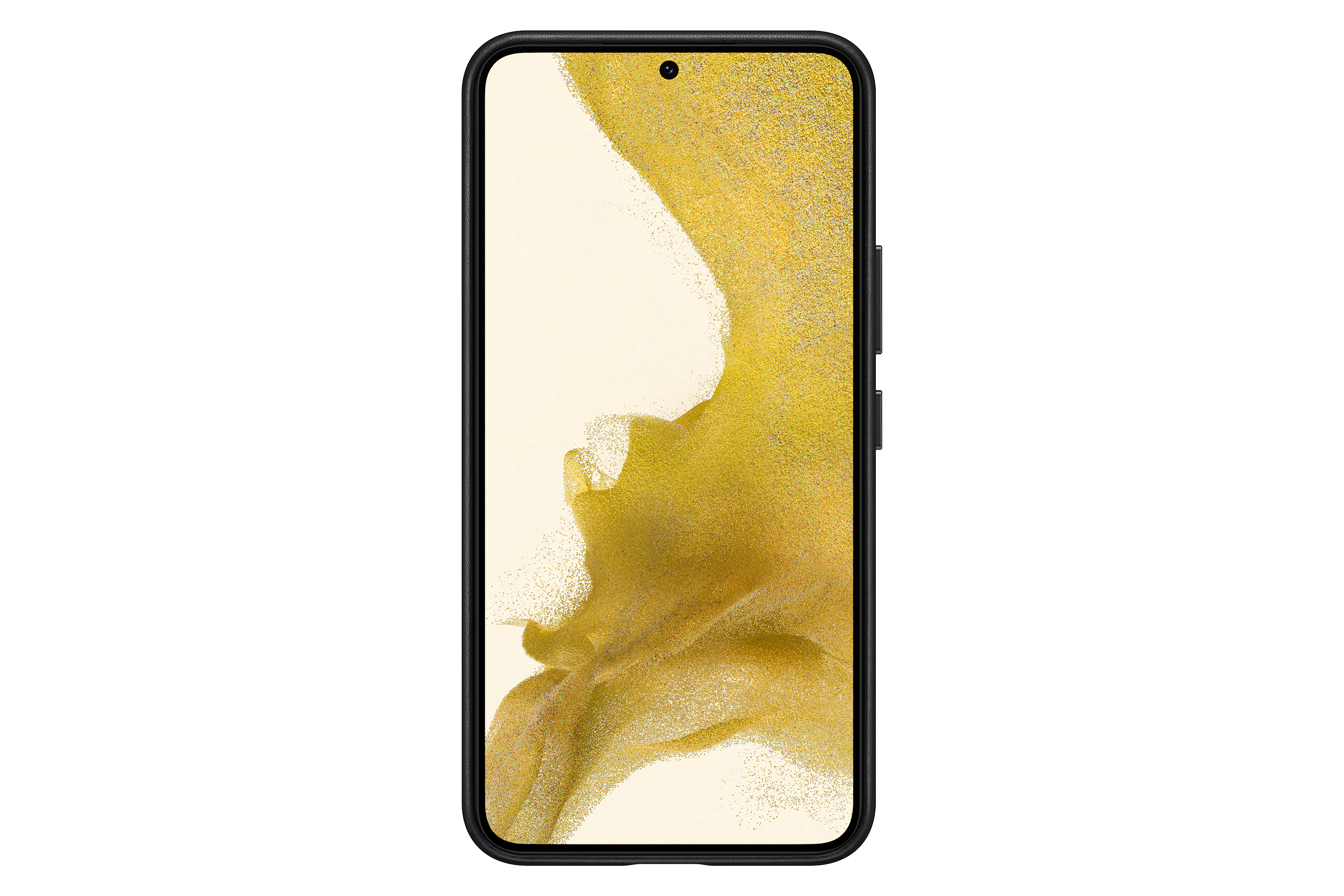 Schwarzes Smartphone mit cremefarbenem Bildschirm, schwarzem Rahmen und Kameraaussparung.