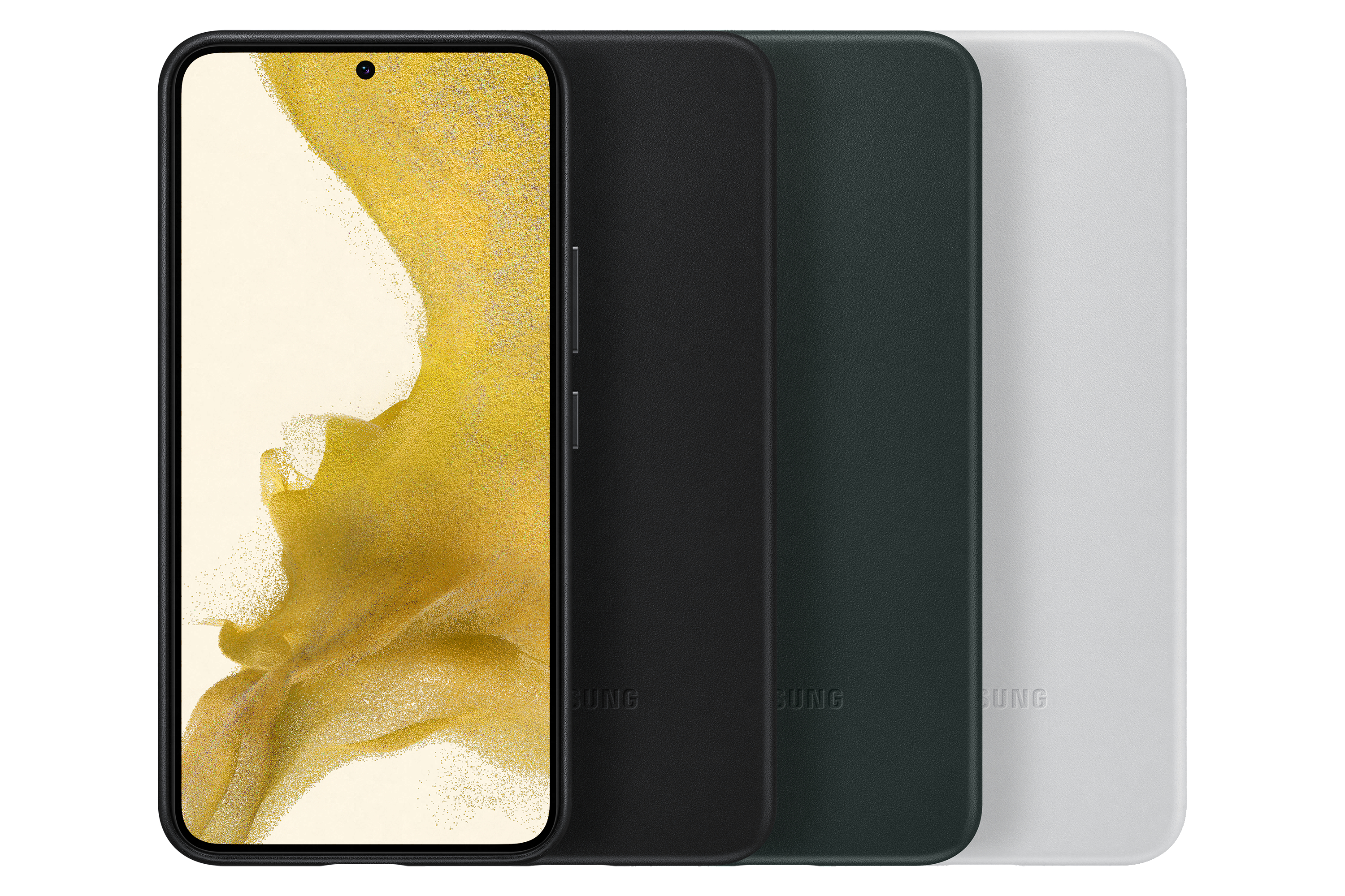 Smartphone und drei Hüllen in Schwarz, Grün und Weiß. Telefon zeigt abstraktes goldenes Design auf dem Bildschirm.