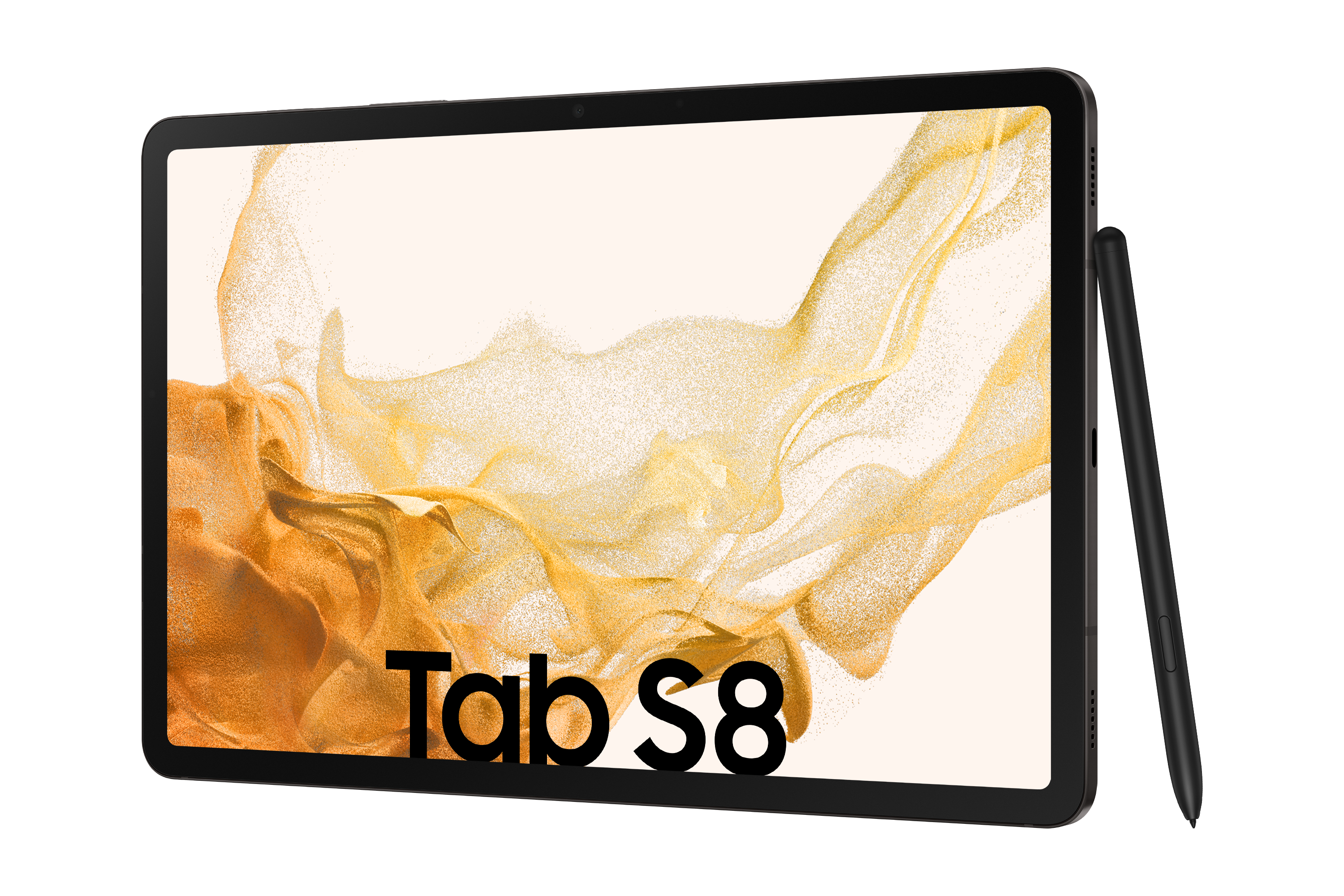 Tablet mit Stift. Schwarzer Rahmen, weißer Hintergrund. Tab S8-Text auf dem Tablet. Goldfarbener Hintergrund.