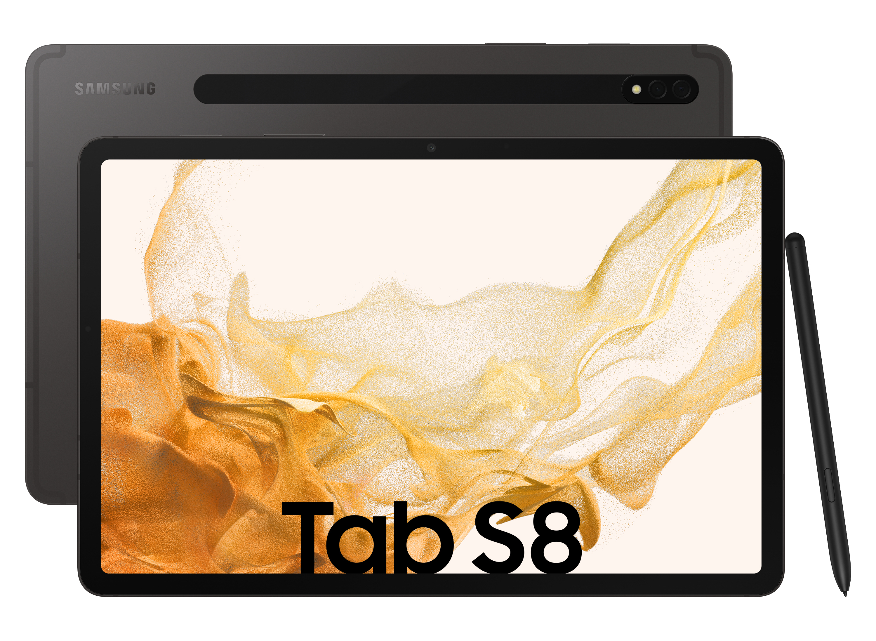 Ein schwarzes Tablet mit Stift, zeigt goldenes Design, ein zweites Tablet dahinter.