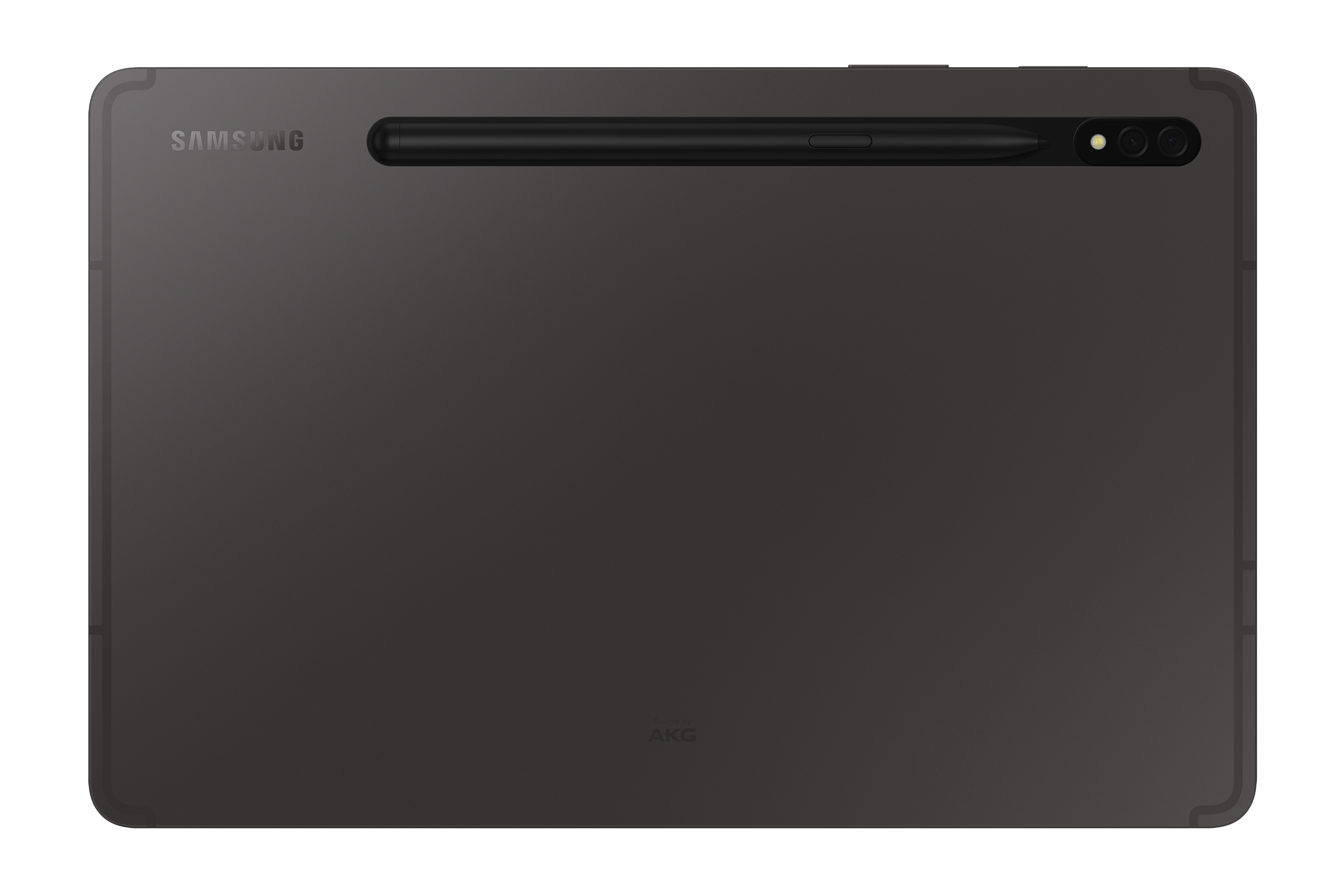 Tablet-Rückseite, dunkelgrau, mit Kamera und Stift. Samsung-Logo, AKG-Branding, schwarzer Hintergrund.