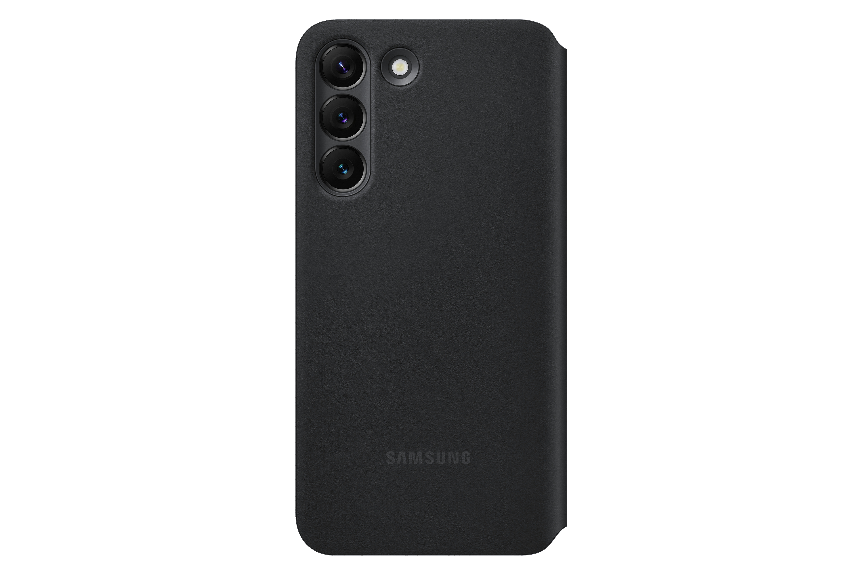Schwarze Handyhülle mit Kamera, Vorderansicht, Samsung-Logo sichtbar, weißer Hintergrund.
