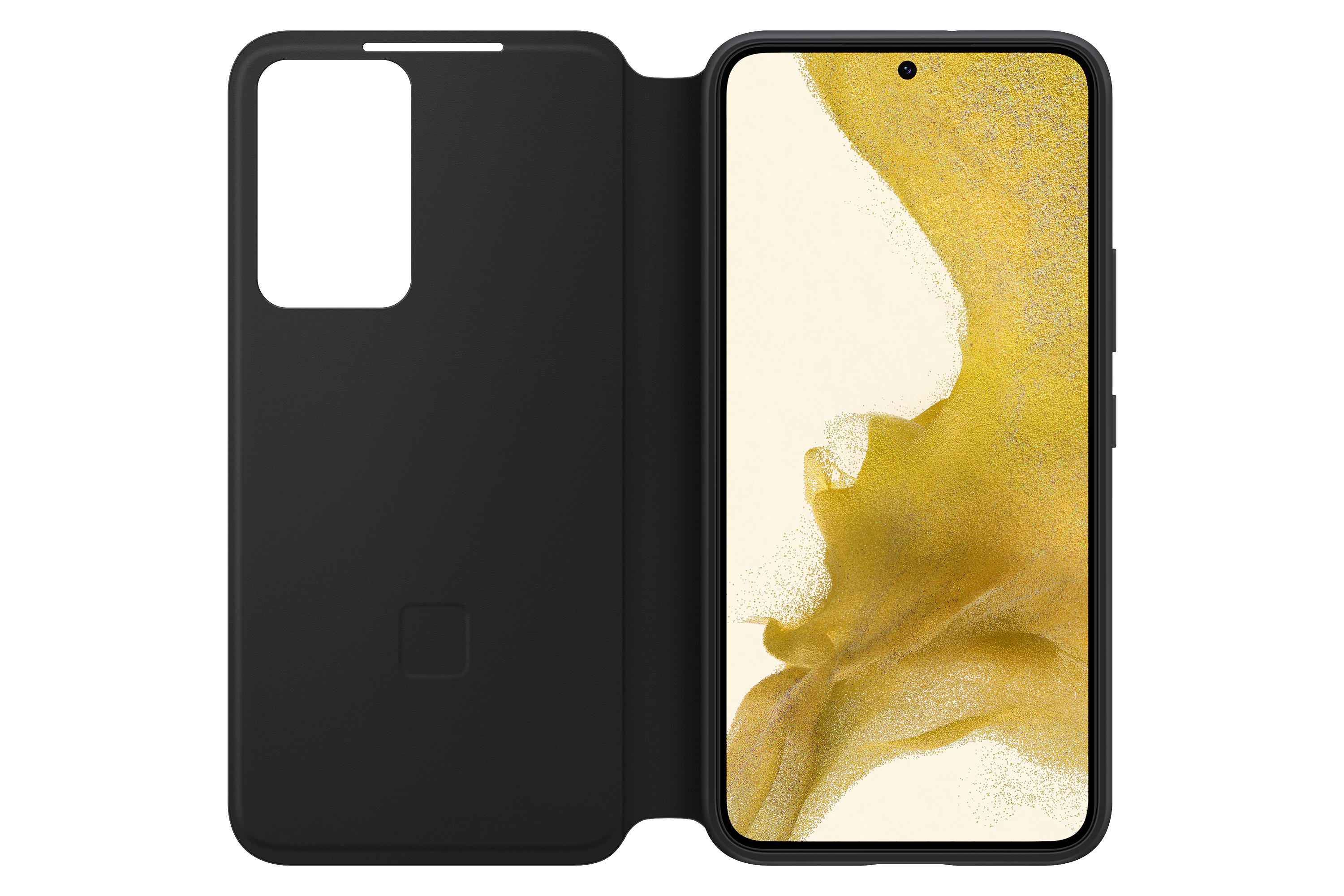 Eine schwarze Handyhülle geöffnet, das Telefon darin zeigend. Der Bildschirm zeigt einen goldenen Hintergrund.