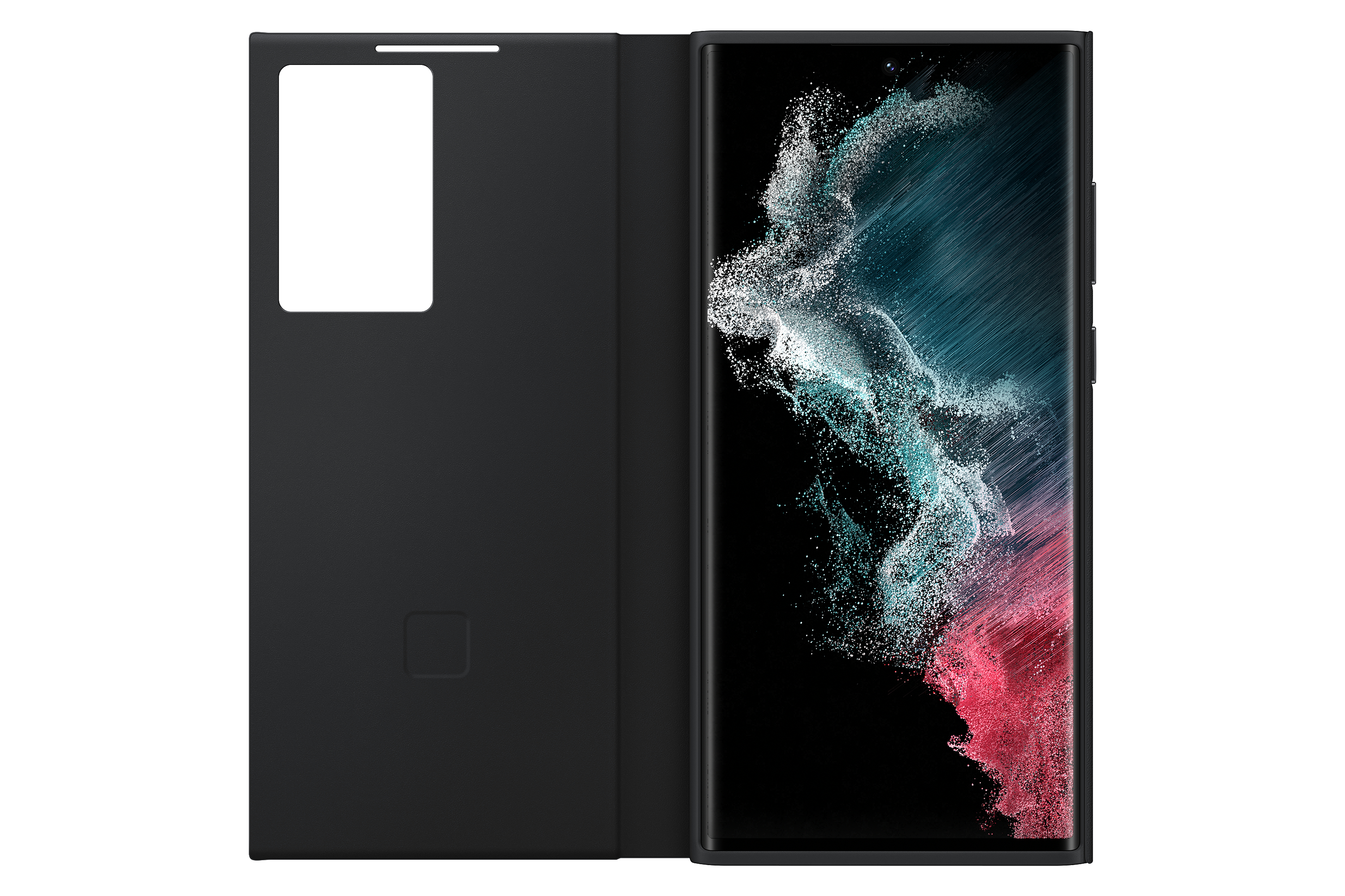 Schwarzes Telefon mit offenem Gehäuse. Das Telefon zeigt abstrakte Kunst in Blau und Rot.