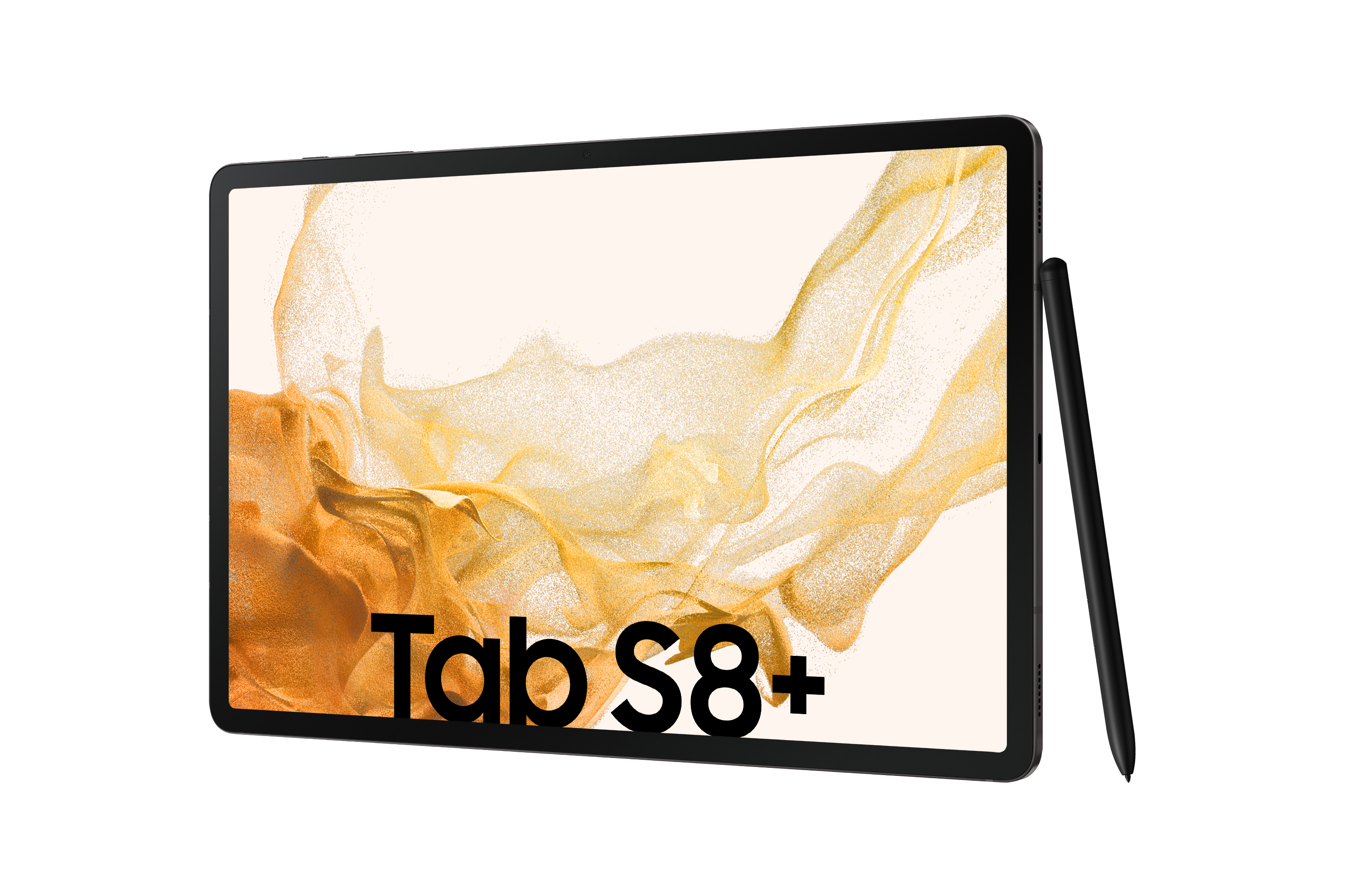 Schwarzes Tablet mit Stift, der Text 'Tab S8+' ist auf dem Bildschirm. Weißer Hintergrund.