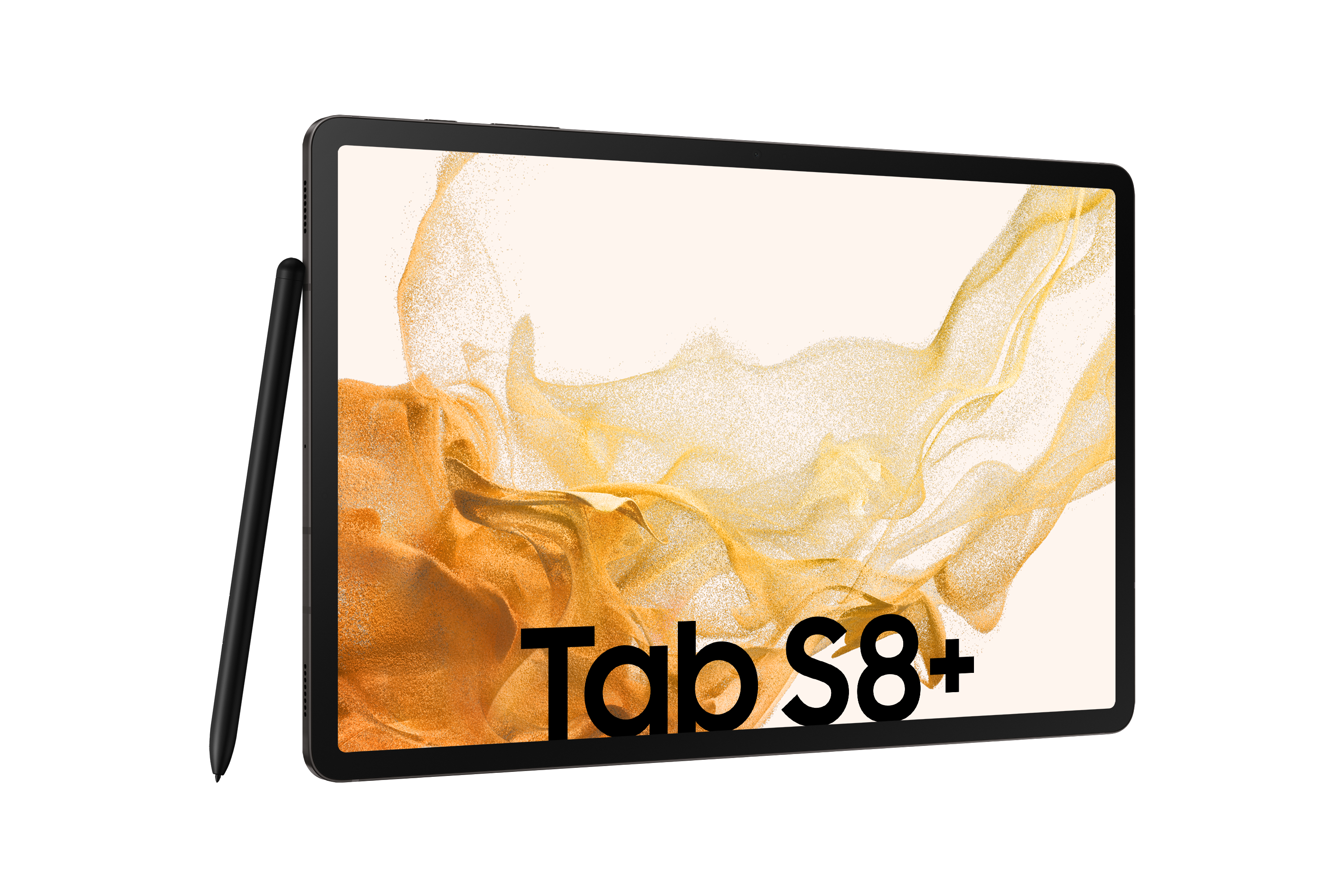 Ein schwarzes Tablet mit Tab S8+ Text und einem Stift.