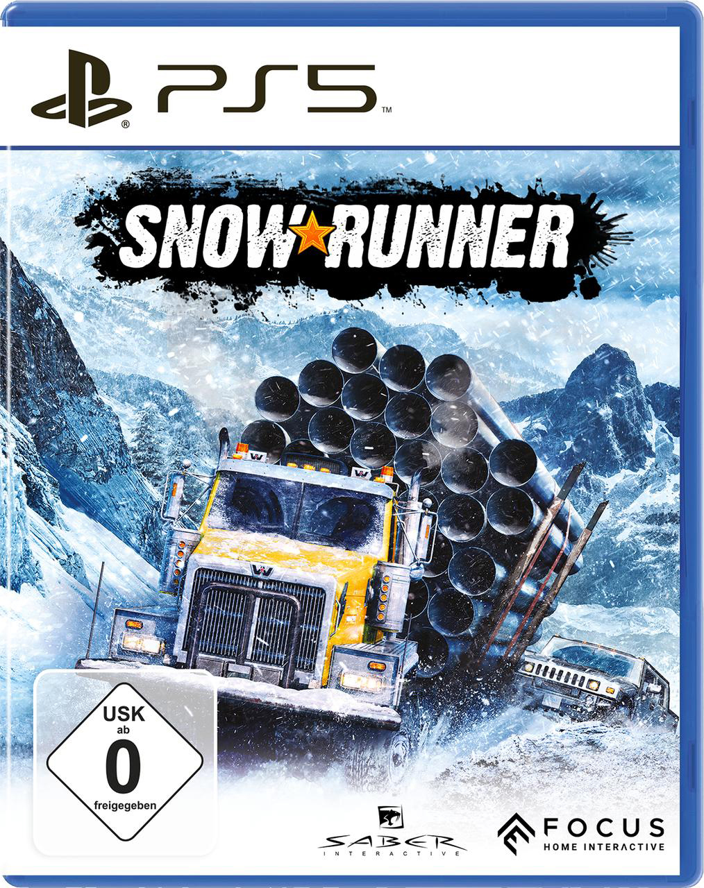 SnowRunner PS5-Spielcover. Ein im Schnee steckengebliebener LKW, umgeben von Schnee.