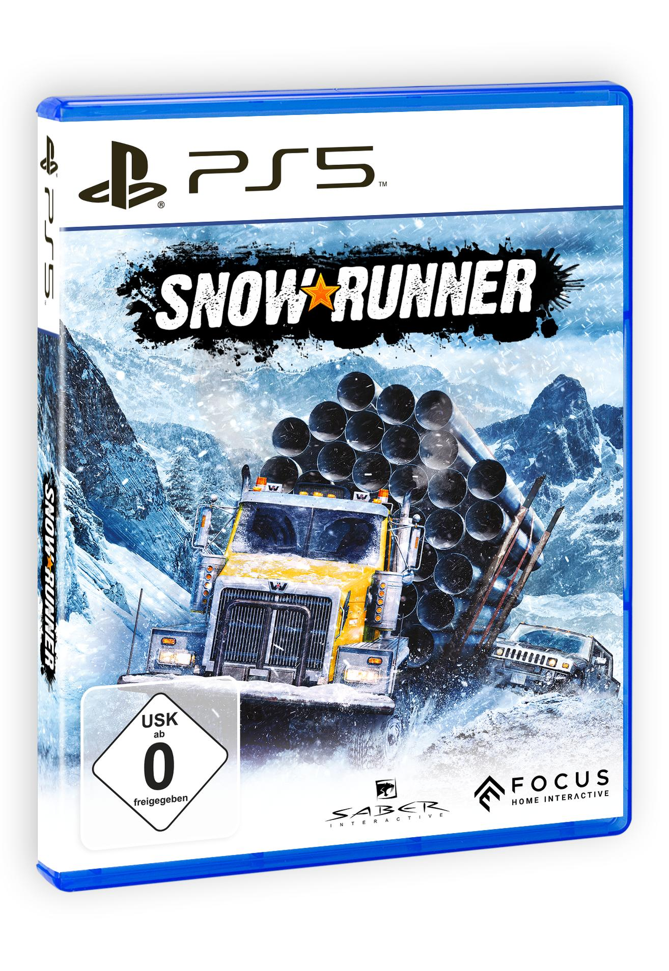 PS5 Snowrunner Spielbox. Es zeigt einen gelben Truck in einer verschneiten Szene mit dem Spieletitel.