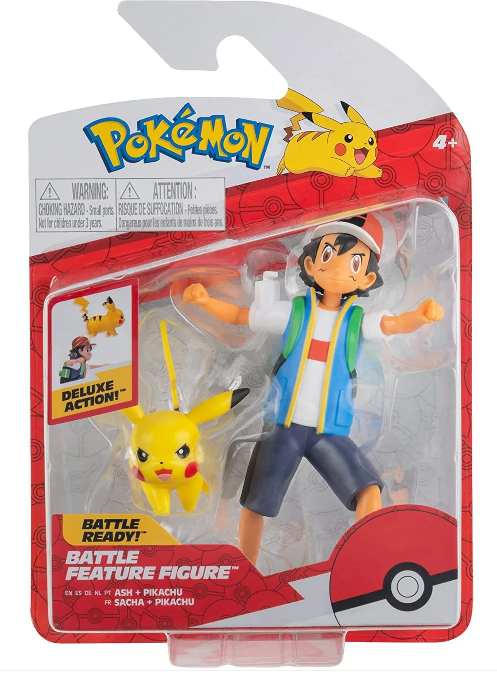 Pokemon-Spielzeugset. Ash und Pikachu-Figuren in Verpackung, mit Text und Logos.