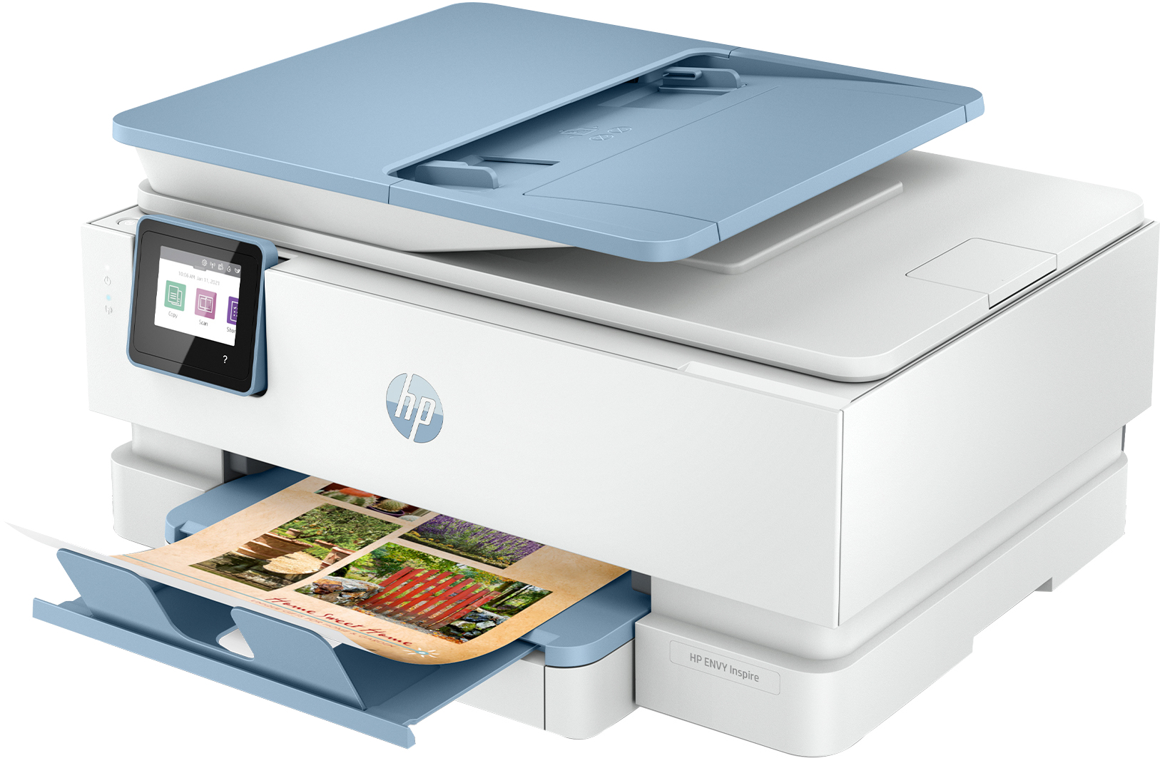 White HP printer with a blue top, printing a colorful image of a garden scene.