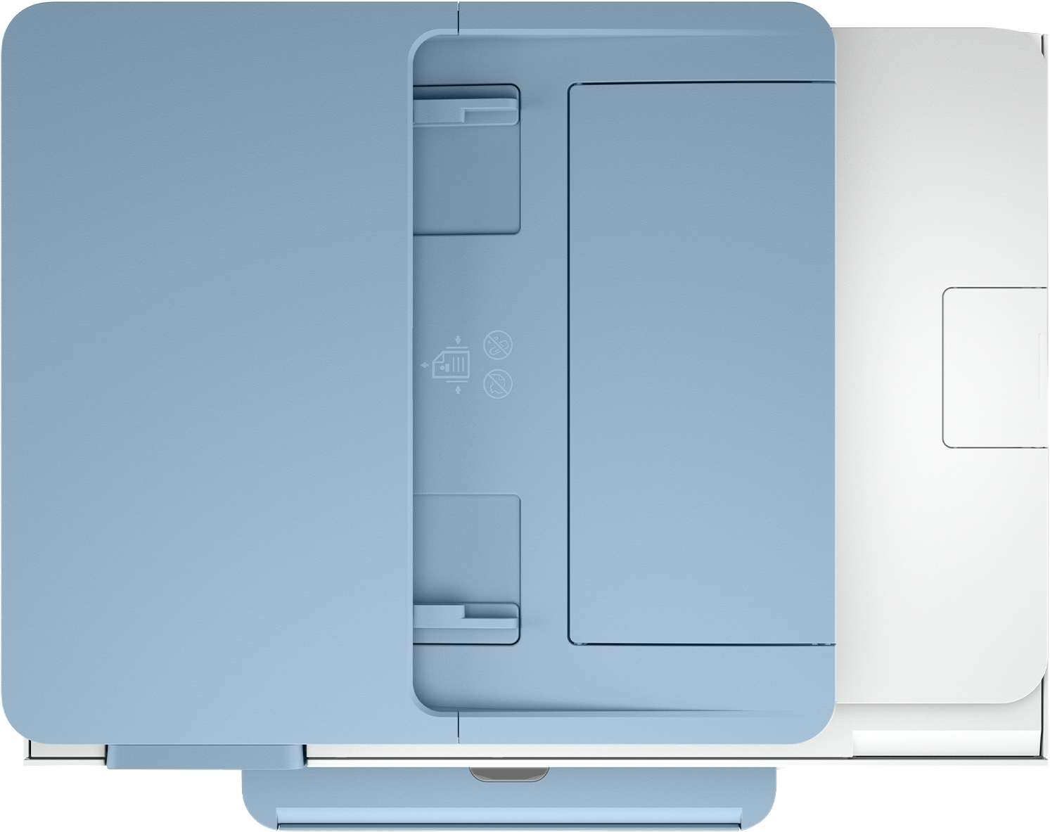Top view of a blue and white printer with an open paper tray and a paper output slot.
