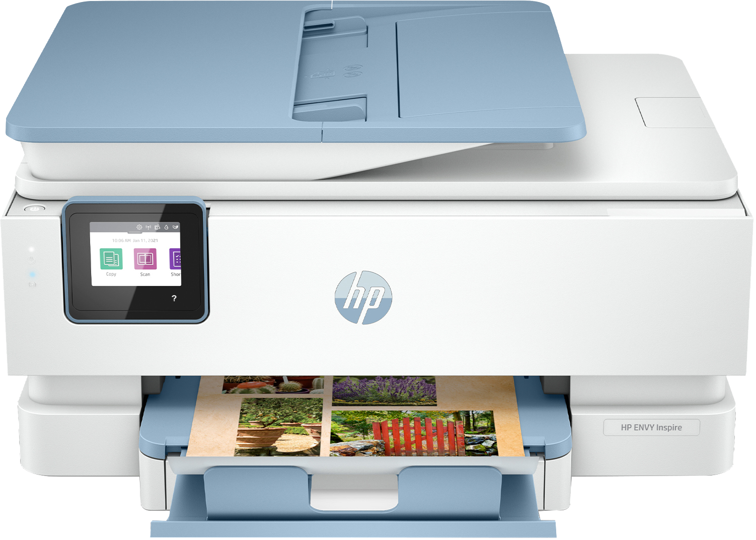 An HP printer is shown, printing photos from its tray. It has a blue top and screen.