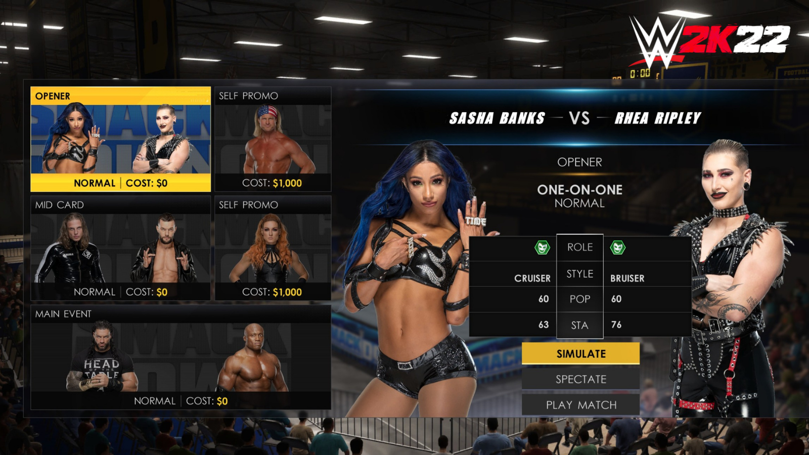 Écran du jeu WWE 2K22 montrant la configuration d'un match entre Sasha Banks et Rhea Ripley.